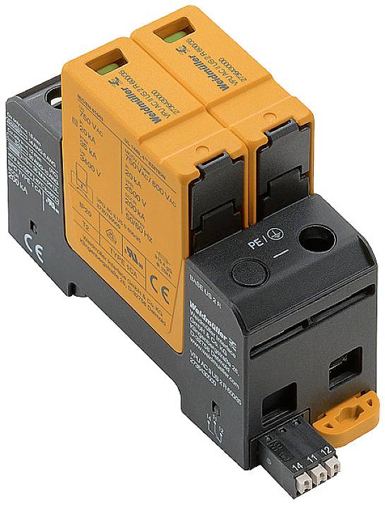 Elektriskt överspänningsskydd, tvåpoligt, med orange hölje och CE-märkning. Lämplig för användning i elektriska kretsar.