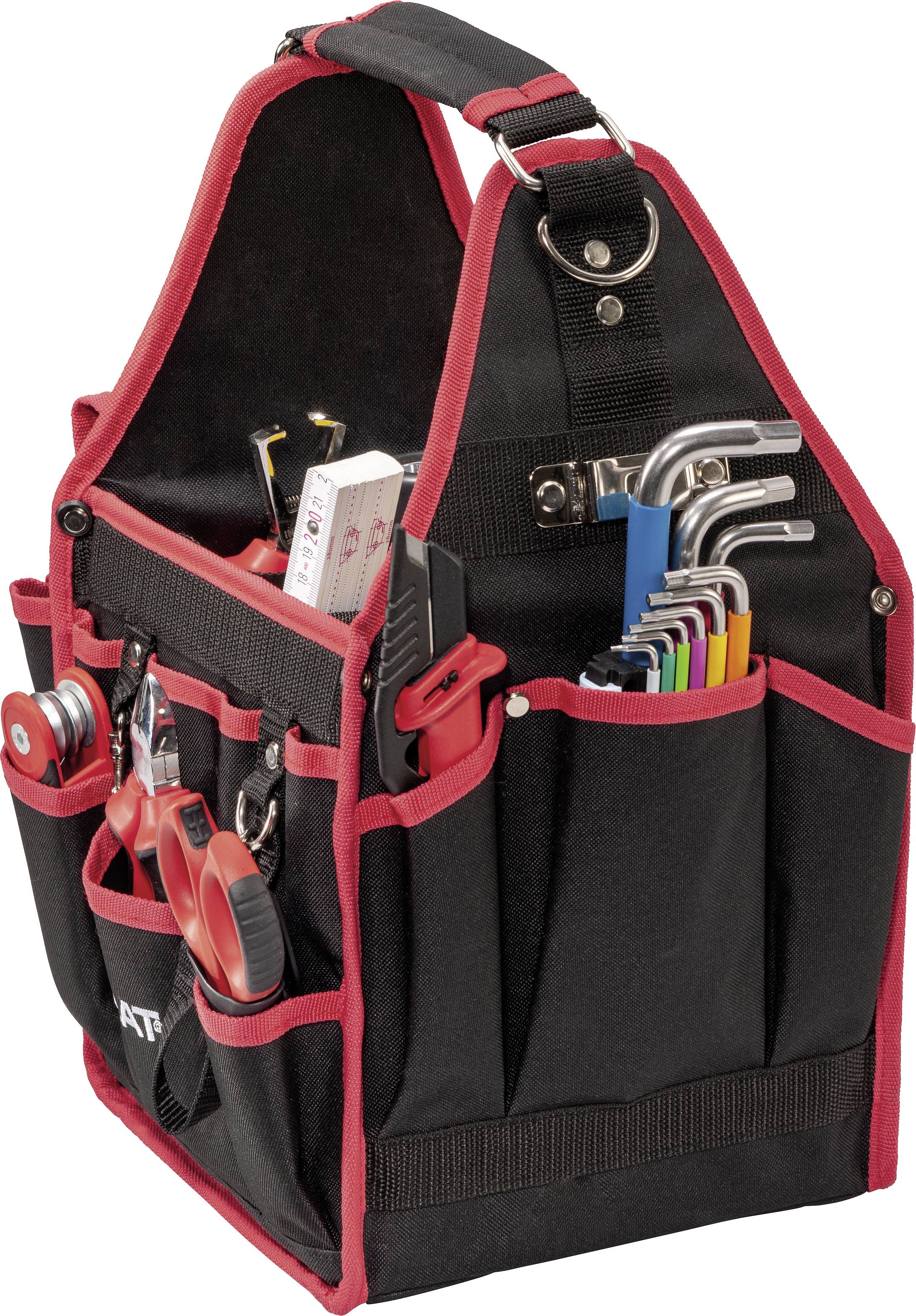 En svart verktygslåda med röda kanter, fylld med olika verktyg som skruvmejslar, tänger och insexnycklar.