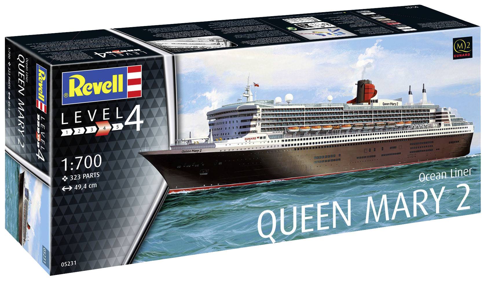Modellbyggsats av 'Queen Mary 2' från Revell, skala 1:700, nivå 4, med 323 delar, lämplig för erfarna modelbyggare.
