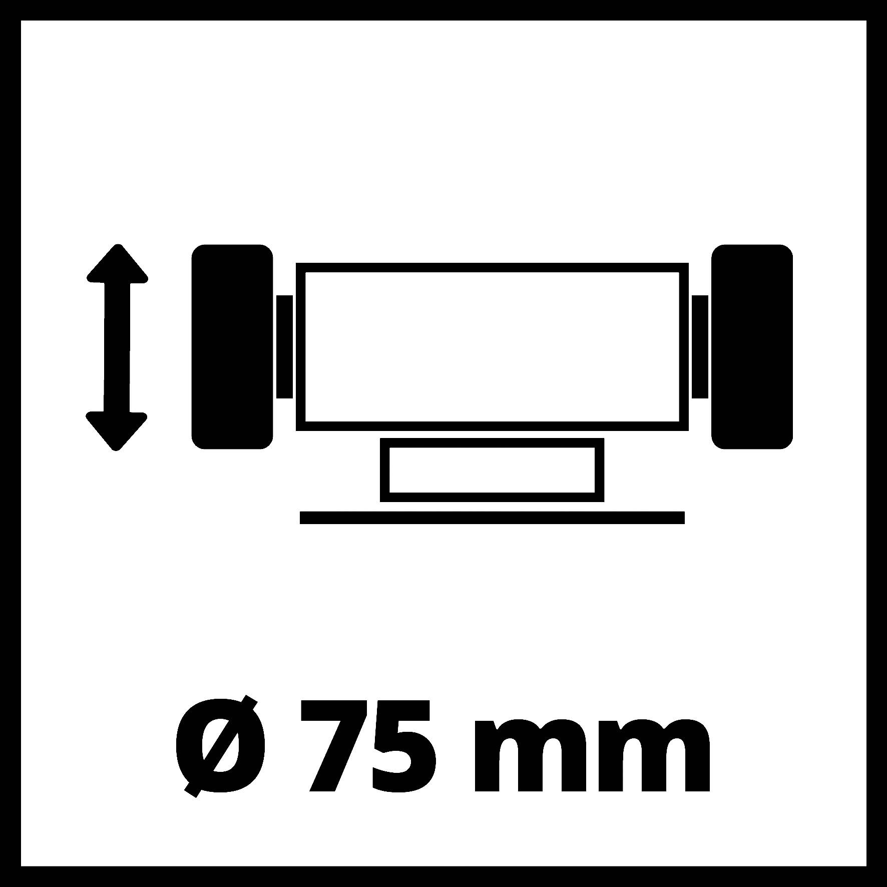 Symbol för ett cylindriskt objekt med två pilar som pekar på diametern. Text under: 'Ø 75 mm'.
