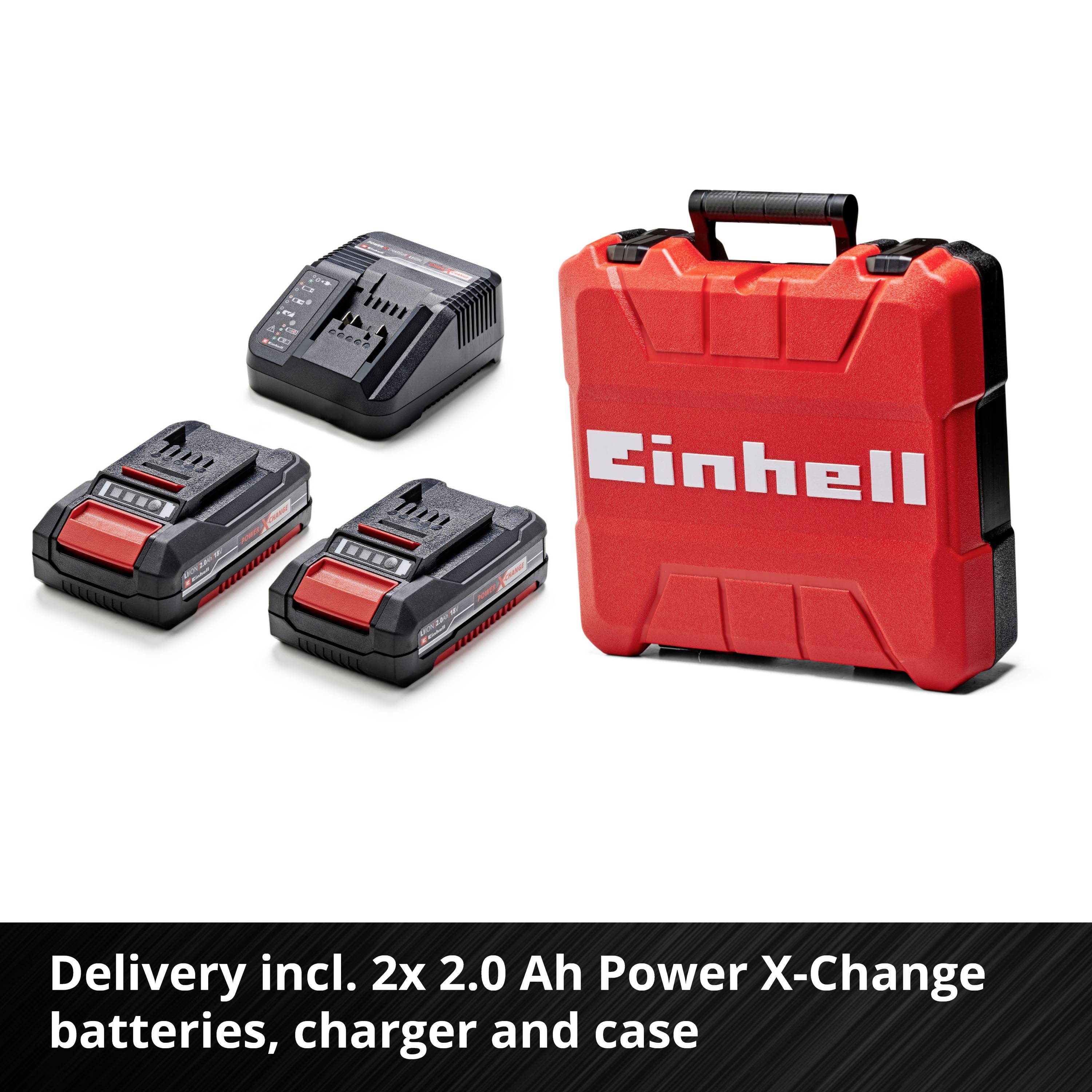 'Einhell' röd väska med laddare och två 2,0 Ah Power X-Change batterier. Text: 'Leverans inkluderar 2x 2,0 Ah Power X-Change batterier, laddare och väska'.