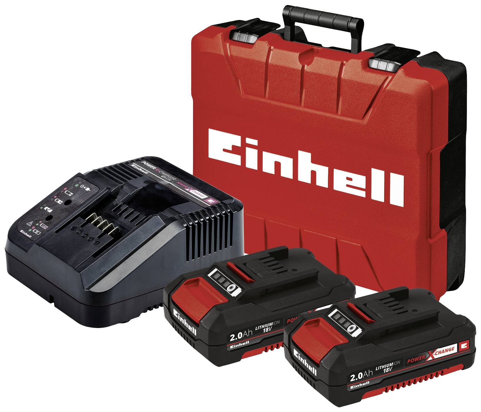 Rött Einhell-plastfodral-set med snabbladdare och två 2.0 Ah litiumjonbatterier, lämpligt för Power X-Change-enheter.
