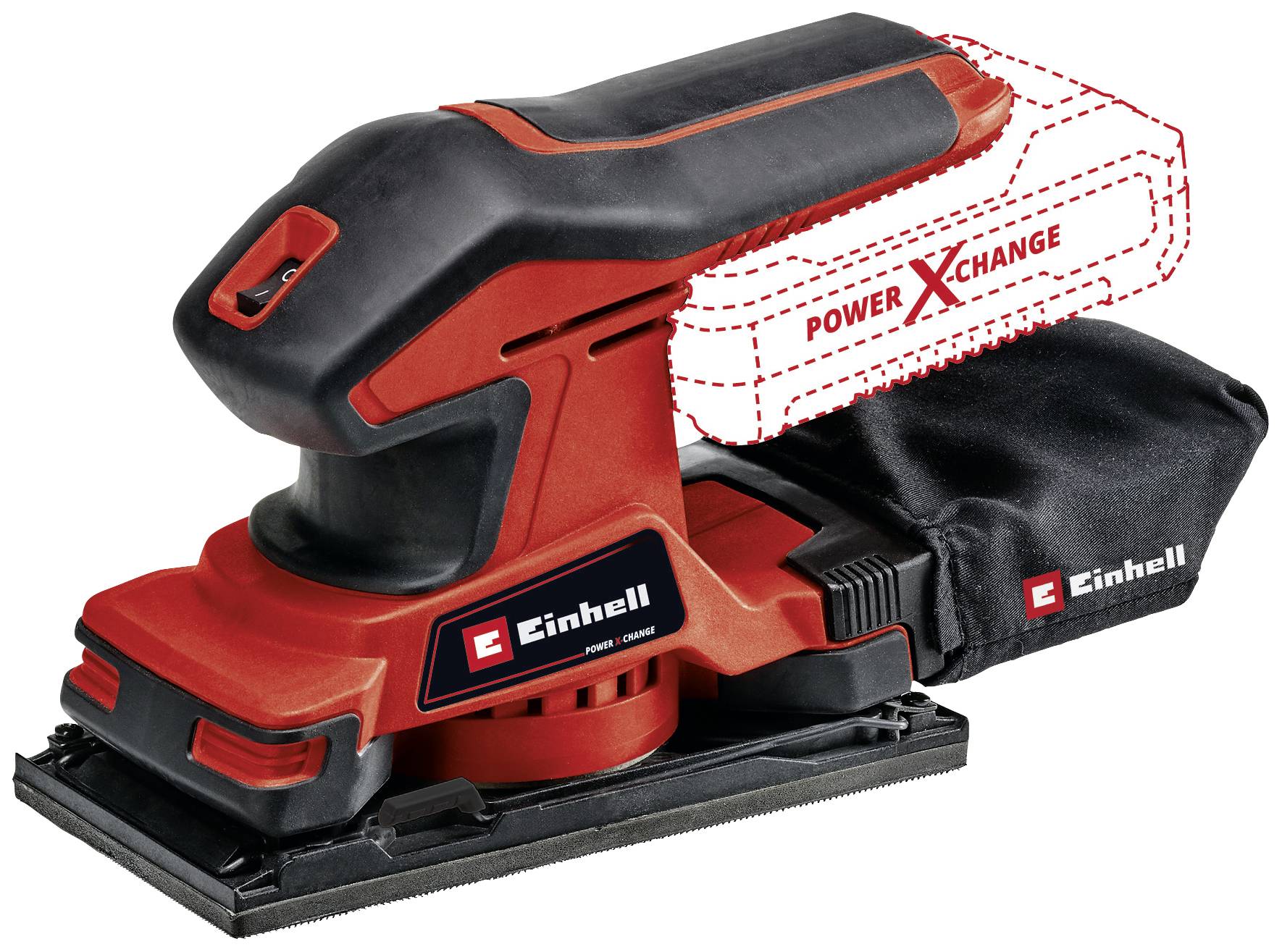 Einhell batteridriven slipmaskin med avtagbar dammuppsamlingspåse och röd-svart design. Batteriekompatibilitet: Power X-Change.