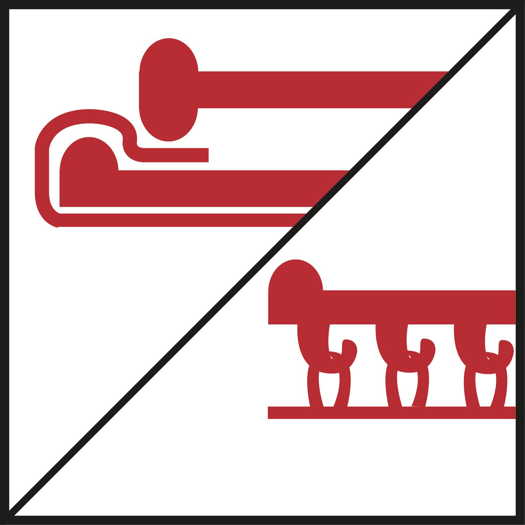 Bild med två symboler: Längst upp till vänster visas ett enkelt stöt, längst ner till höger ett komplext stöt, båda i rött på vit bakgrund.