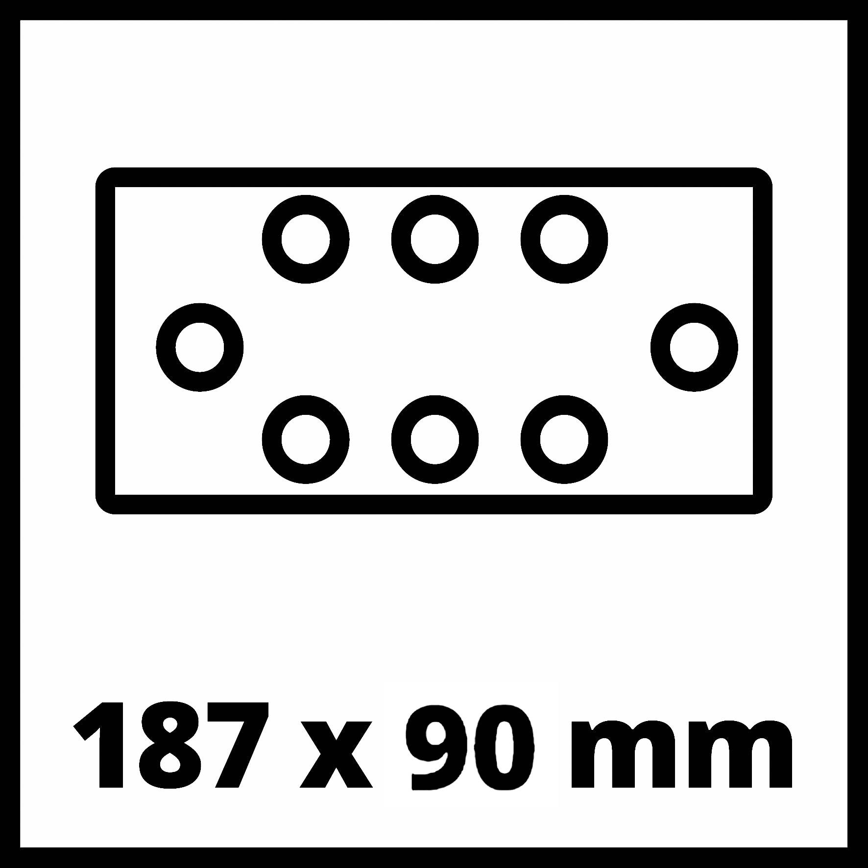Rektangulär platta med nio hål i en 3x3-layout, med måtten 187 x 90 mm.