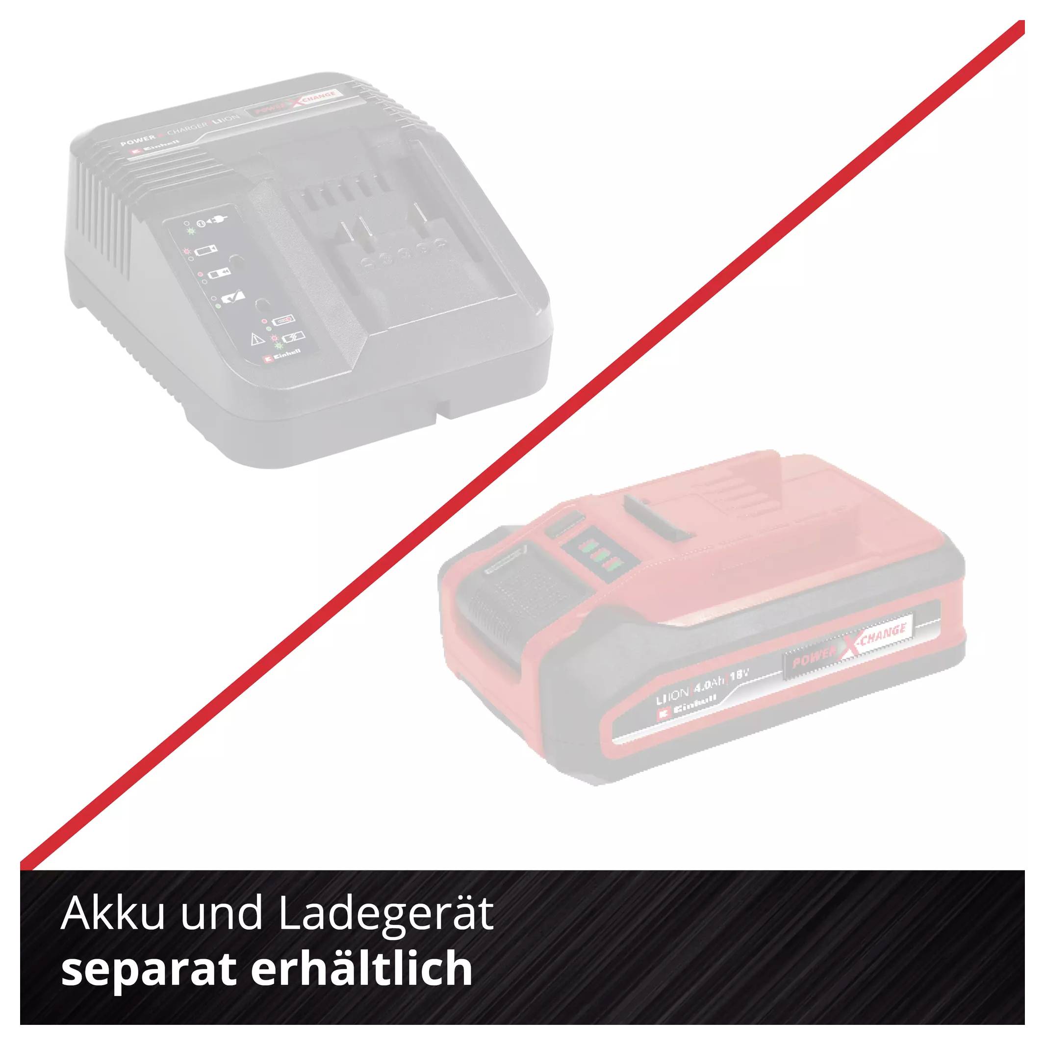 Batteri och laddare visas bredvid varandra med texten 'Batteri och laddare säljs separat'.