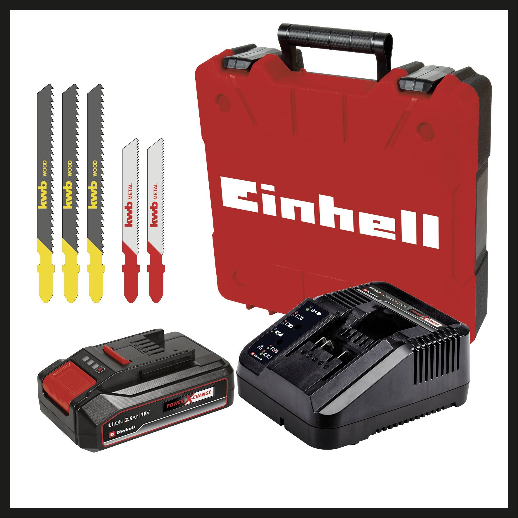 Einhell batteri- och laddningssats med röd väska, laddare, batteri och fem olika sågblad.