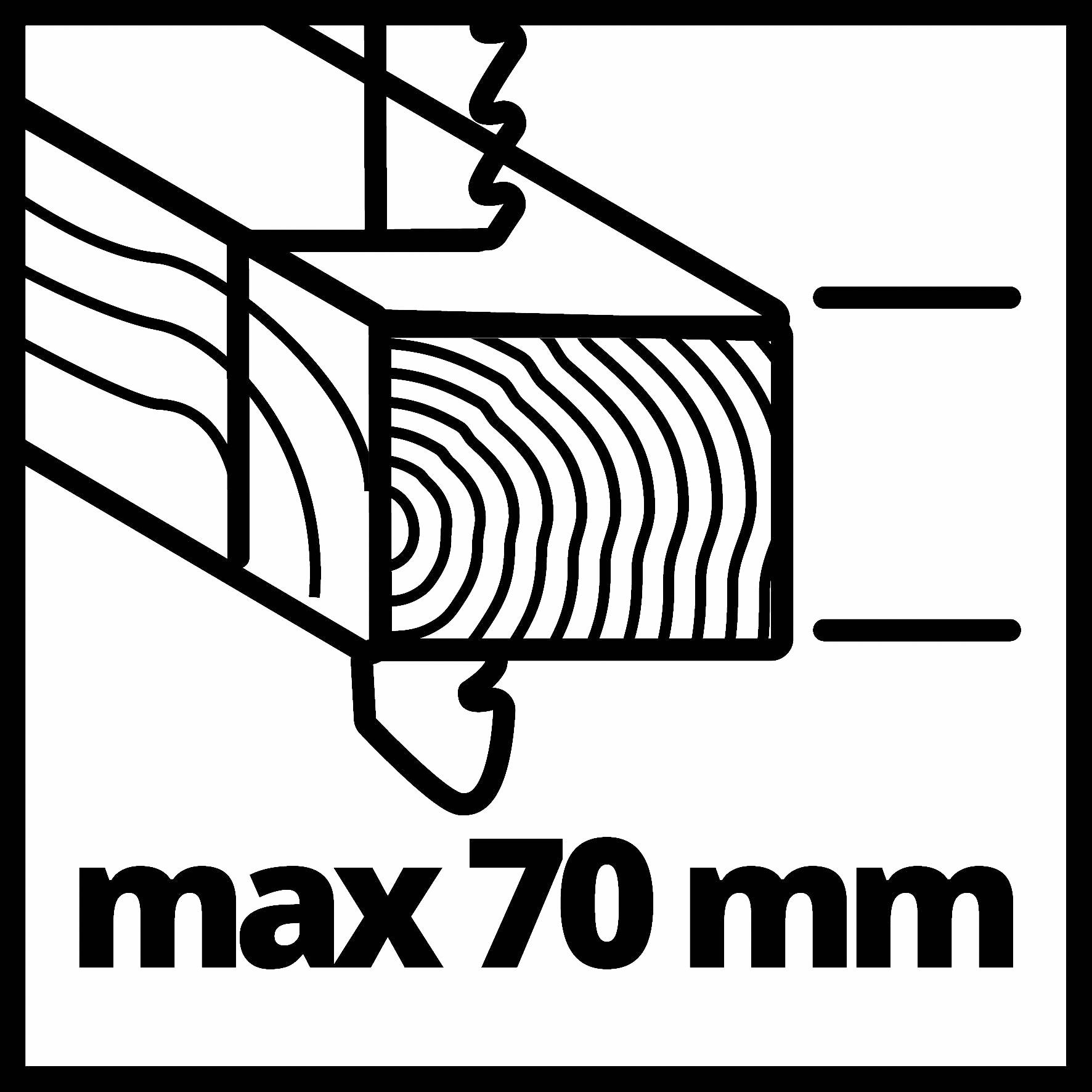 'Max 70 mm' med en schematisk teckning av ett trästycke och en såg som visar det maximala skärdjupet på 70 mm.