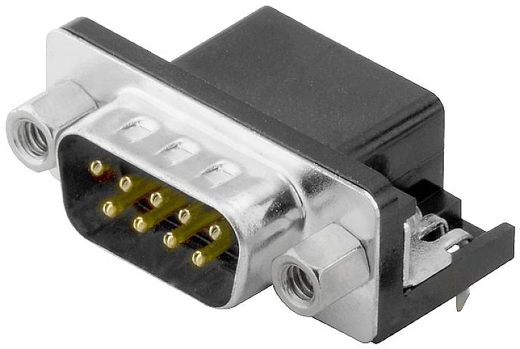 En D-Sub-kontakt med metallhölje, visar nio guldpläterade stift. Används ofta för seriella anslutningar i datorer.