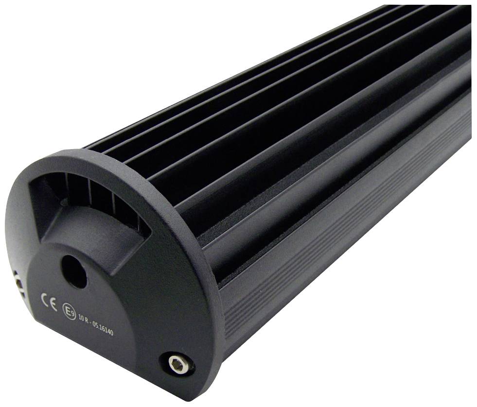 Svart, cylindriskt metallhölje med ventilationsspringor och CE-märkning. Perspektivisk vy som visar ovansida och kant.