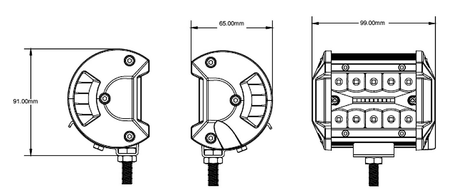 Teknisk ritning av en armatur med tre vyer: från sidan, ovanifrån och framifrån. Mått: 91 mm hög, 65 mm bred, 90 mm djup.
