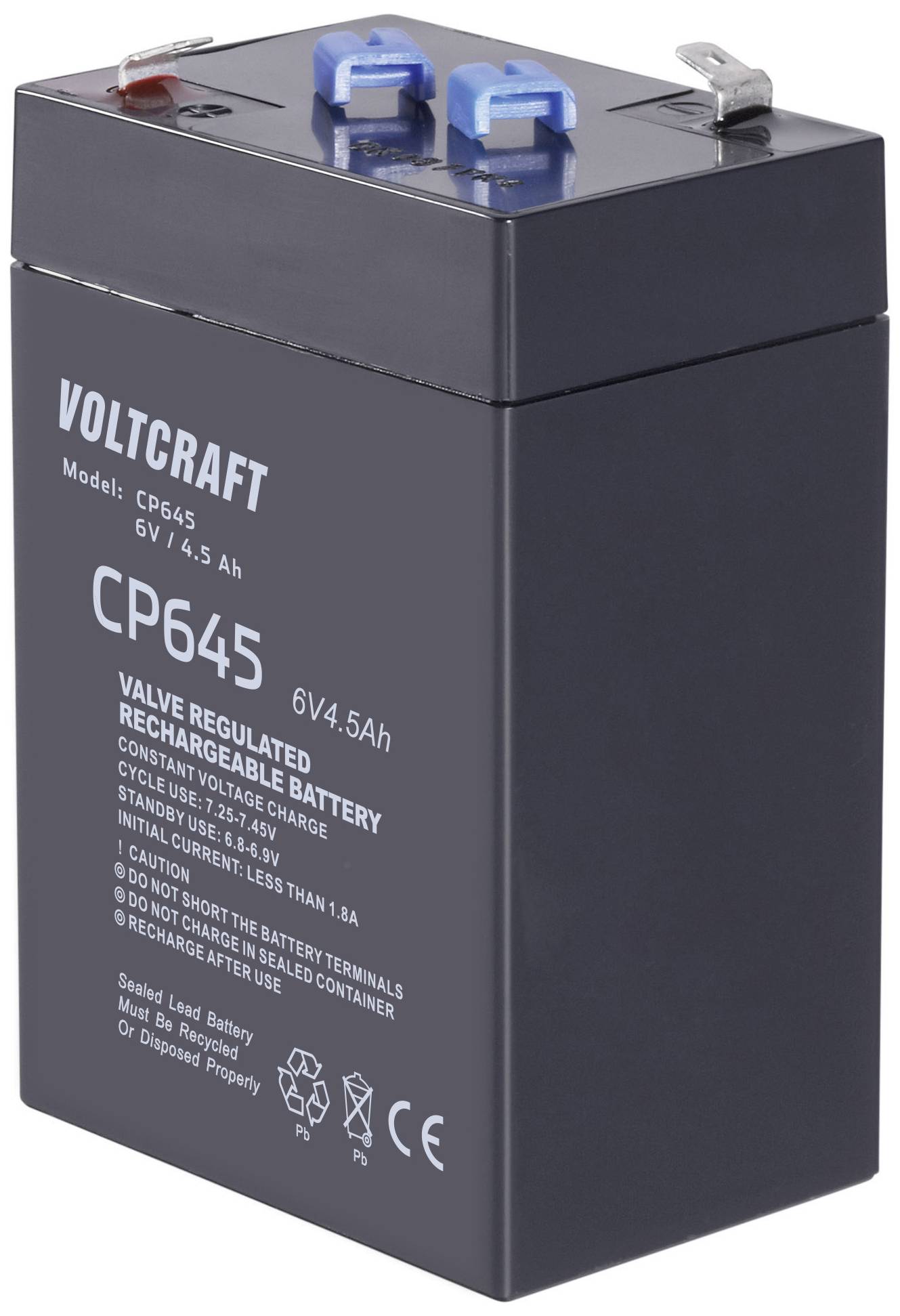 Svart, rektangulär, uppladdningsbar 6V-batteri från märket Voltcraft, modell CP645, med blå och röda anslutningsklämmor.