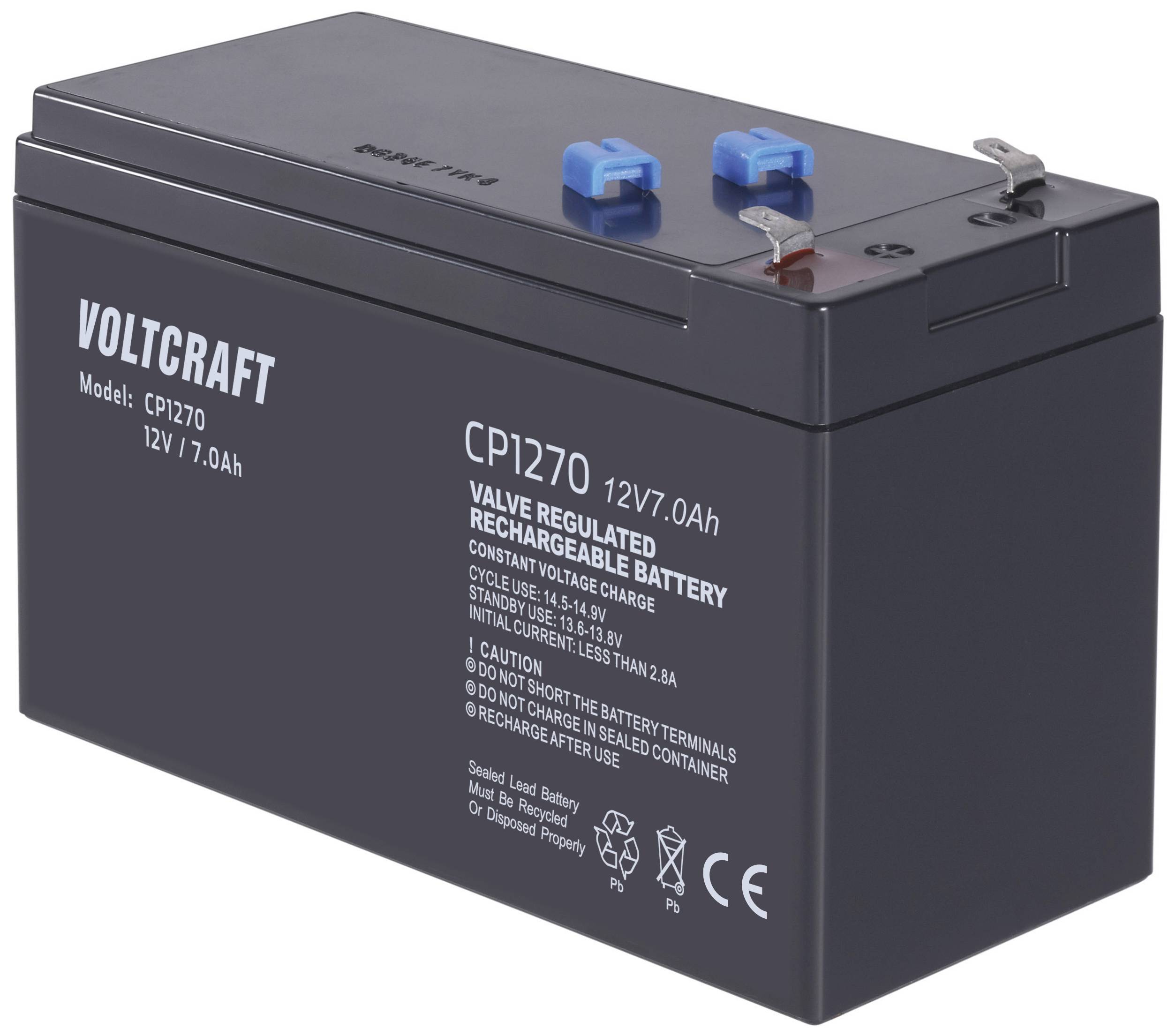 En svart, rektangulär Voltcraft-batteri på 12V/7,0Ah med blå och röda anslutningar överst och vita markeringar på sidan.