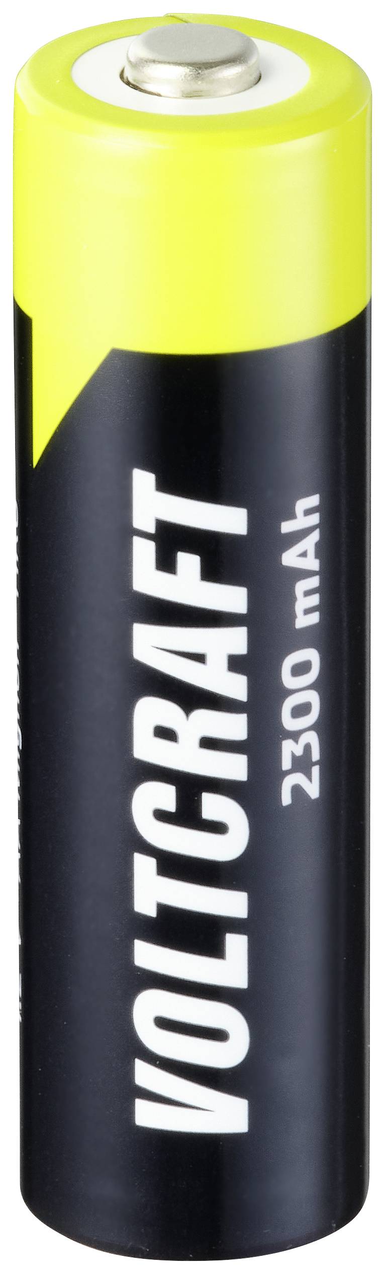 Laddningsbar batteri 'Voltcraft' med gul-svart design och en kapacitet på 2300 mAh.