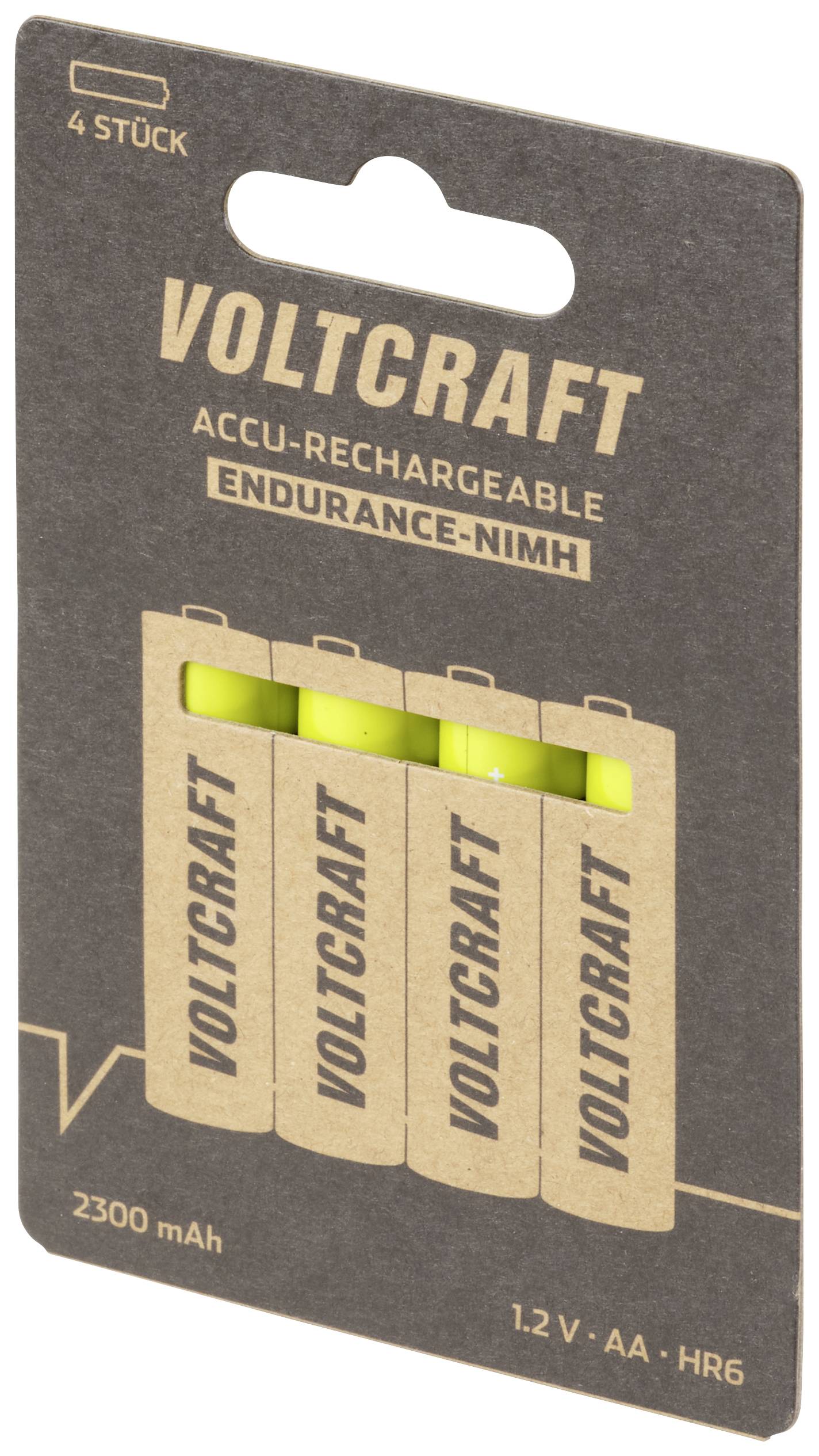 Förpackning med fyra laddningsbara Voltcraft AA-batterier, 2300 mAh, 1,2 V, markerade 'ENDURANCE-NIMH' för långvarig användning.