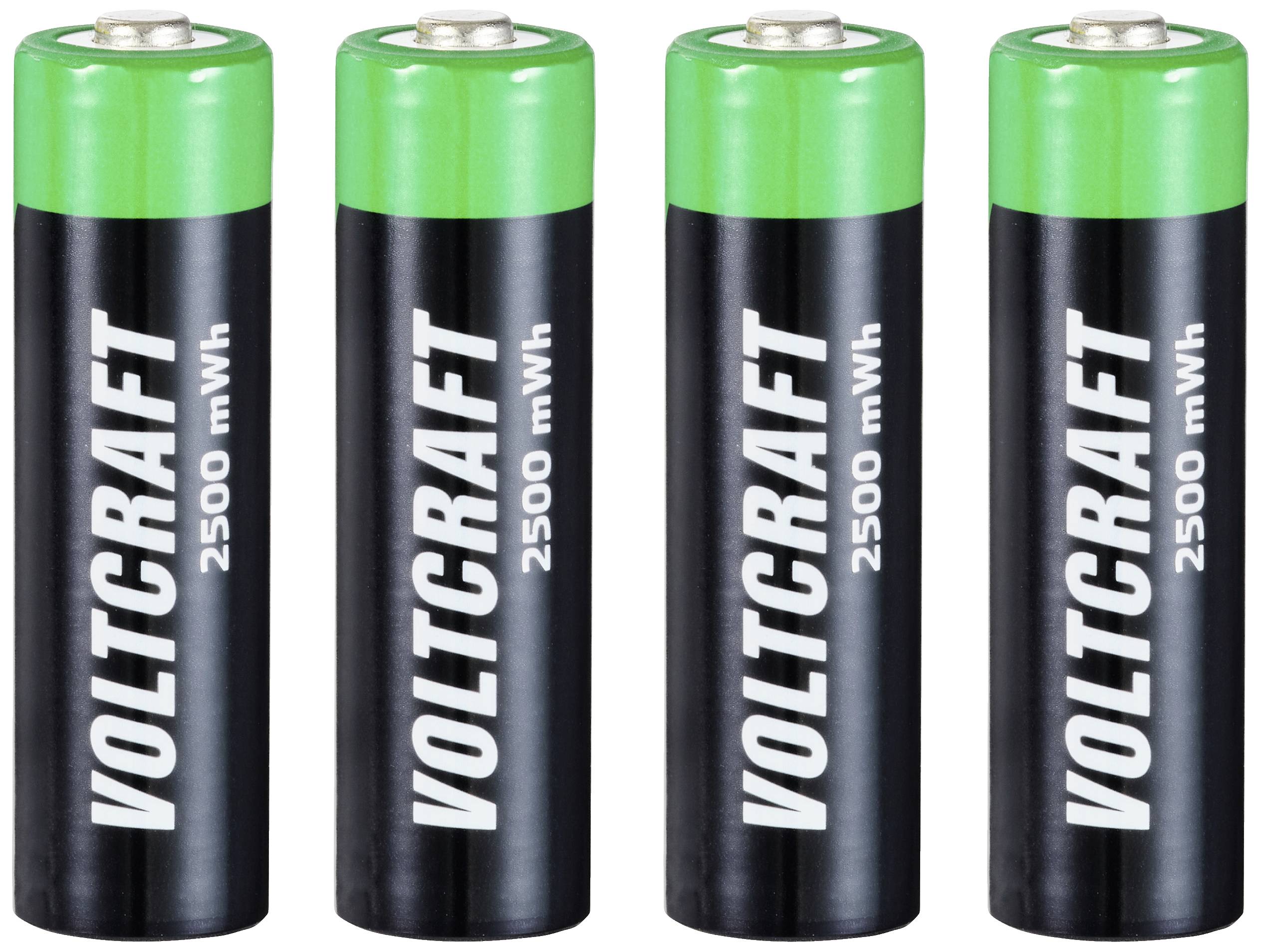 Fyra svarta batterier med grönt hölje, märke Voltcraft, kapacitet 2500 mWh.
