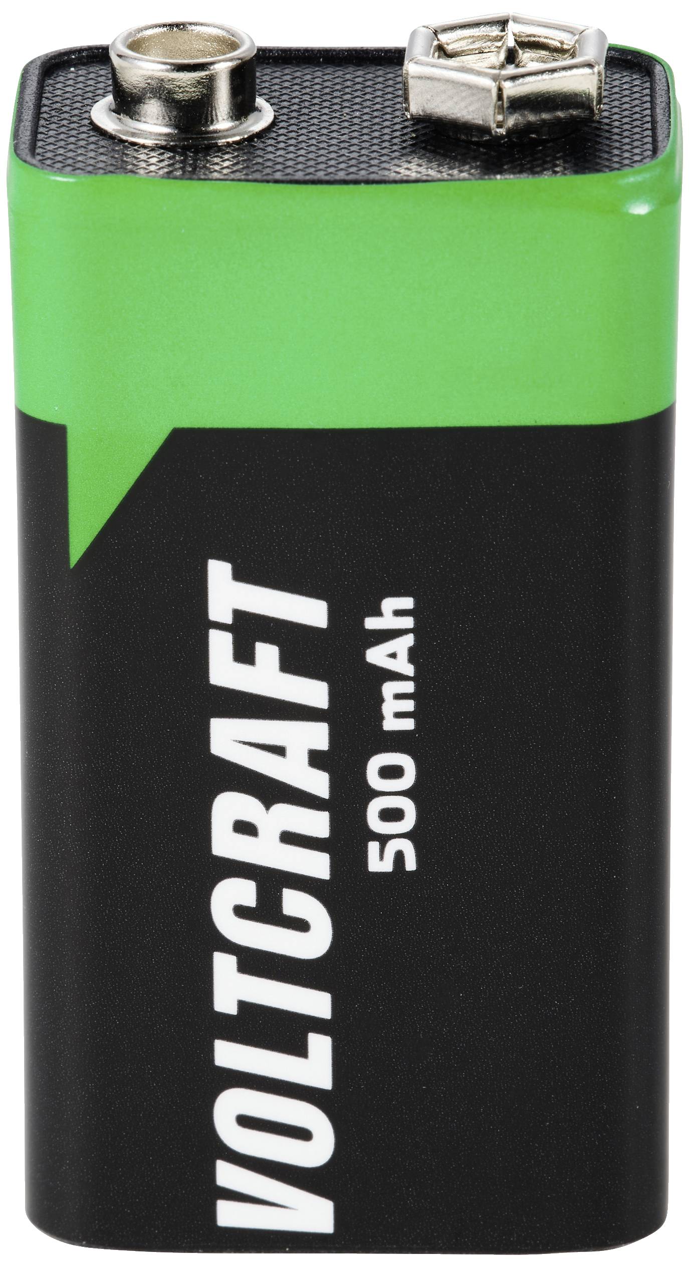 Ett rektangulärt 9-volts batteri från märket Voltcraft med en kapacitet på 500 mAh. Ovanpå syns de båda anslutningarna.
