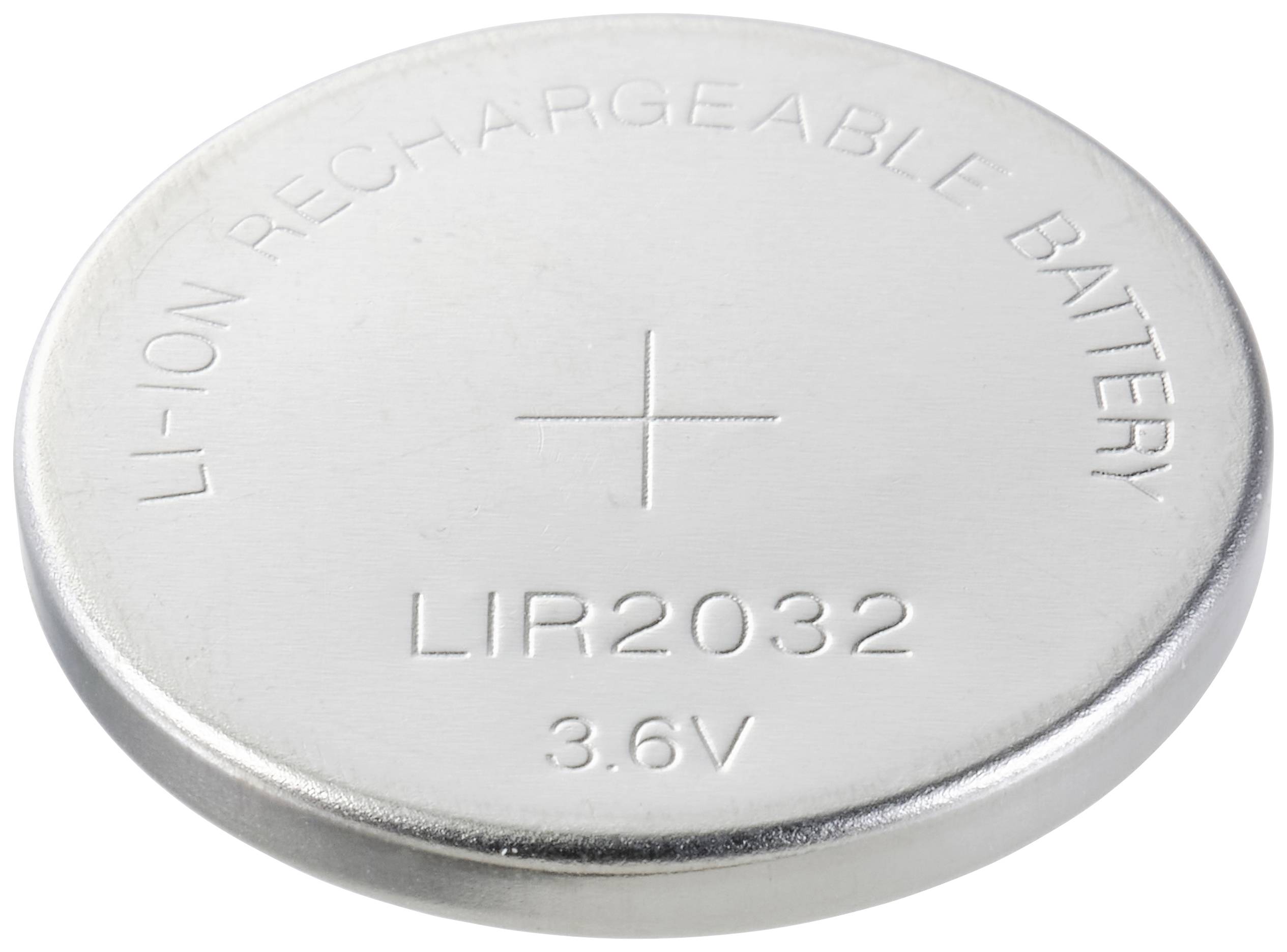 Rund litiumjonknappbatteri med tryckt text 'Li-Ion laddningsbart batteri LIR2032 3.6V'.