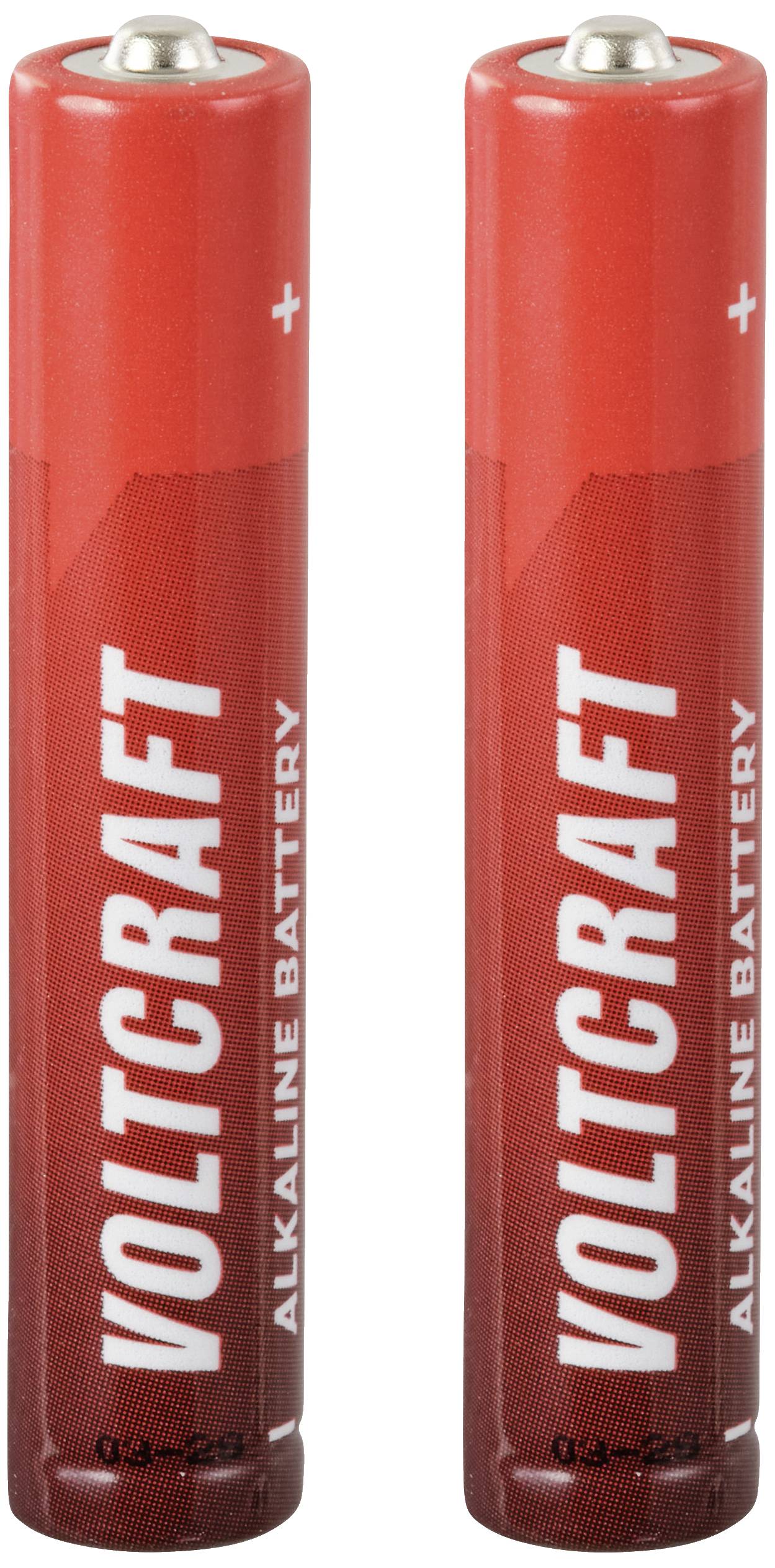 Två röda AAA-batterier placerade bredvid varandra, vertikalt orienterade, med texten 'Voltcraft Alkaline Battery'.