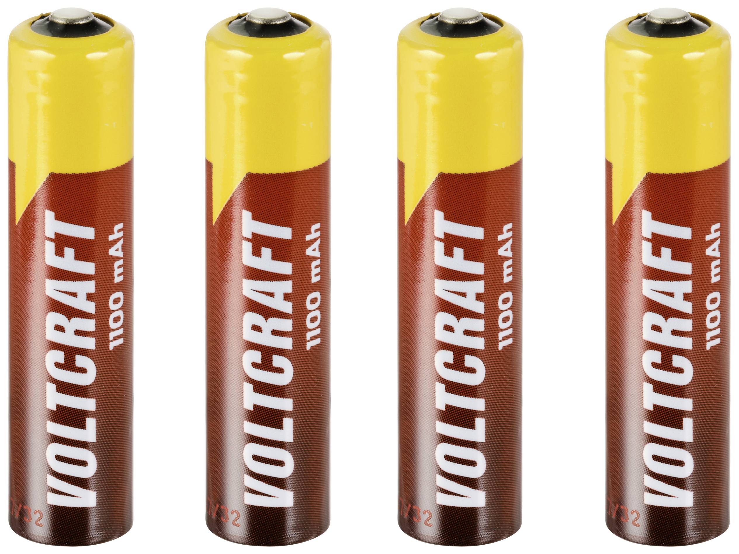 Fyra AA-batterier av märket Voltcraft med 1100 mAh kapacitet, uppradade framför en vit bakgrund.