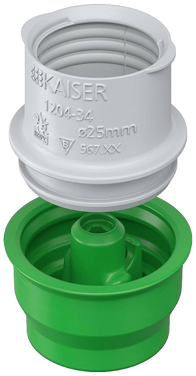 En vit och en grön plastatapter med gängor och påskriften 'Kaiser', som fungerar som ett förbindelsestycke.