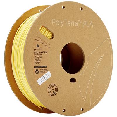Gul PLA-filamentrulle med en biologiskt nedbrytbar etikett. Text på rullen: 'PolyTerra PLA'. Måttuppgift och återvinningssymbol synliga.