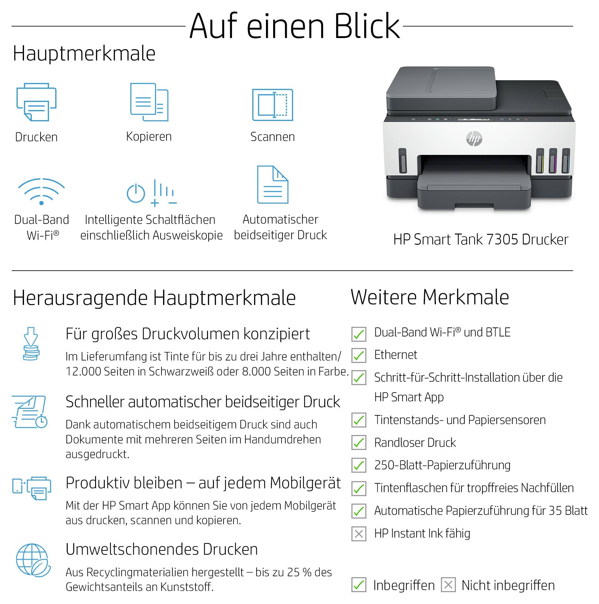 Reklamöversikt för HP Smart Tank 7305-skrivaren med funktioner som utskrift, kopiering, skanning, WLAN, automatisk dubbelsidig utskrift och ytterligare egenskaper.