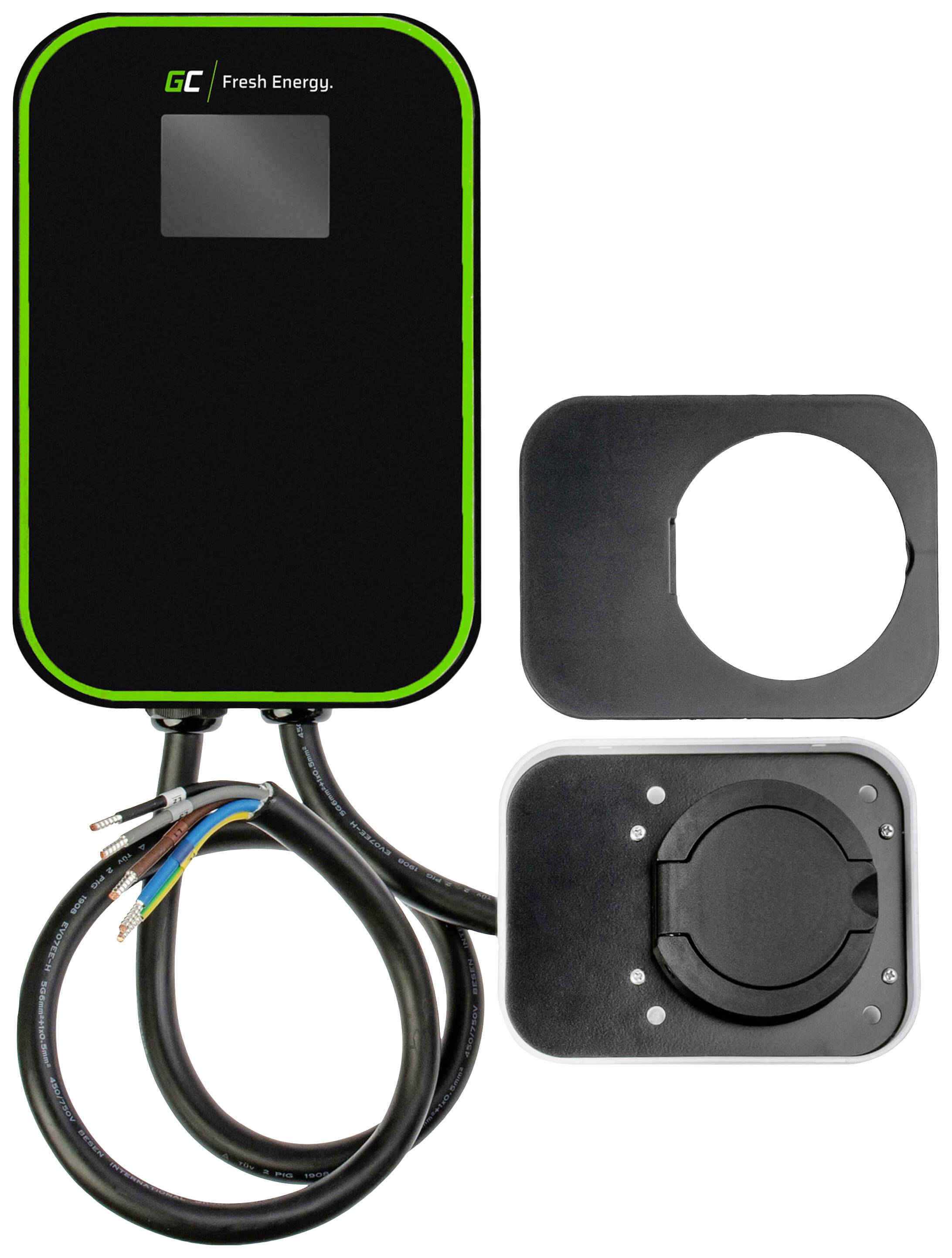 En svart laddningsstation med en grön LED-list och display, visar olika anslutningar och ett cirkelformat lock som en del av designen.