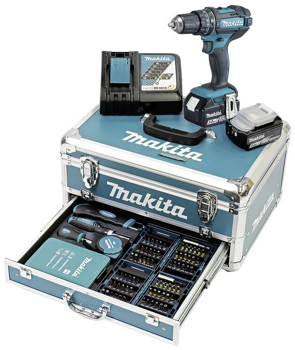 Makita DHP482RFX9  2-växel-Slagborrmaskin batteri  inkl. 2x batterier, inkl. väska, inkl. Tillbehör, inkl. laddare