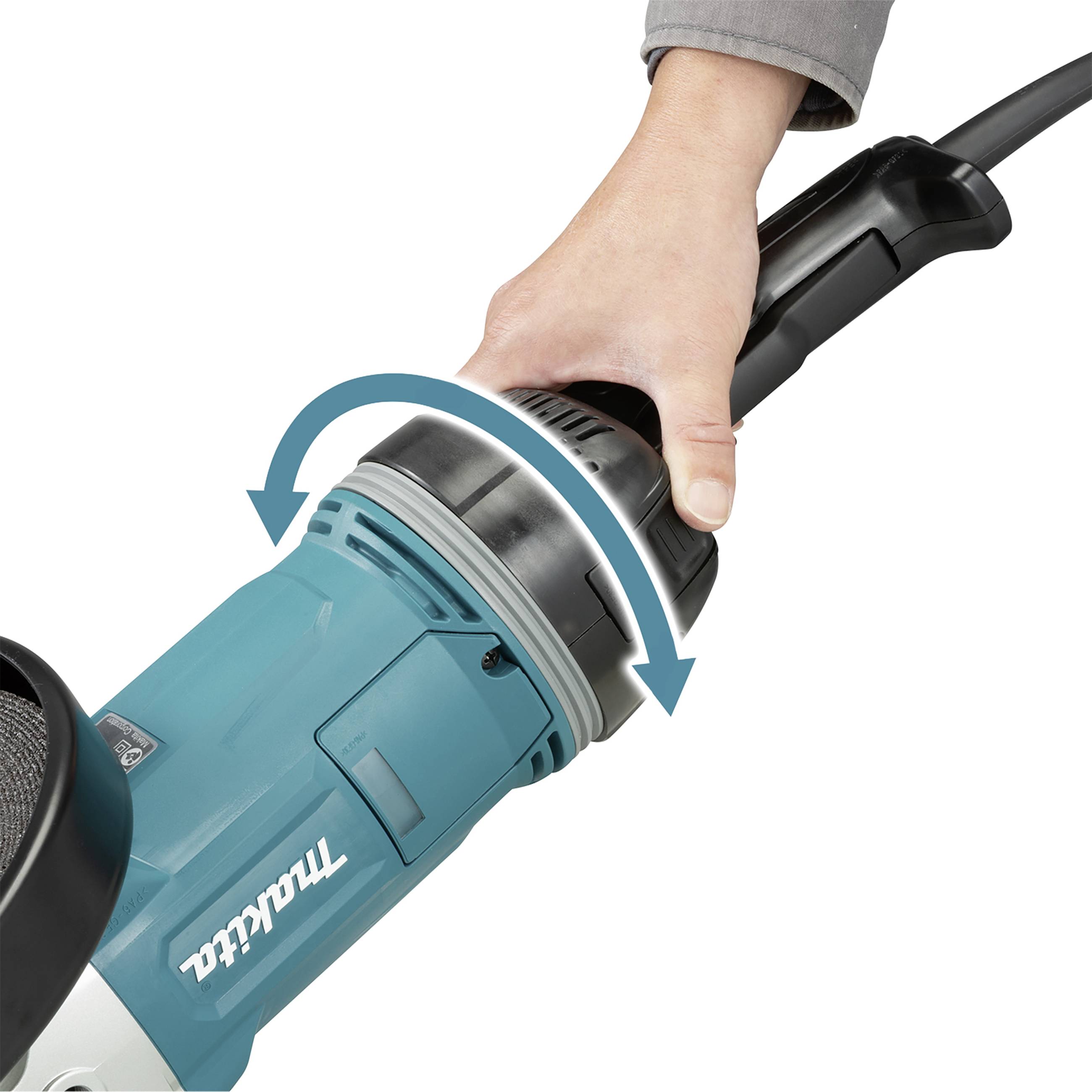 En person håller en blå, elektrisk polermaskin från märket 'Makita'. En pil visar rotationsriktningen.