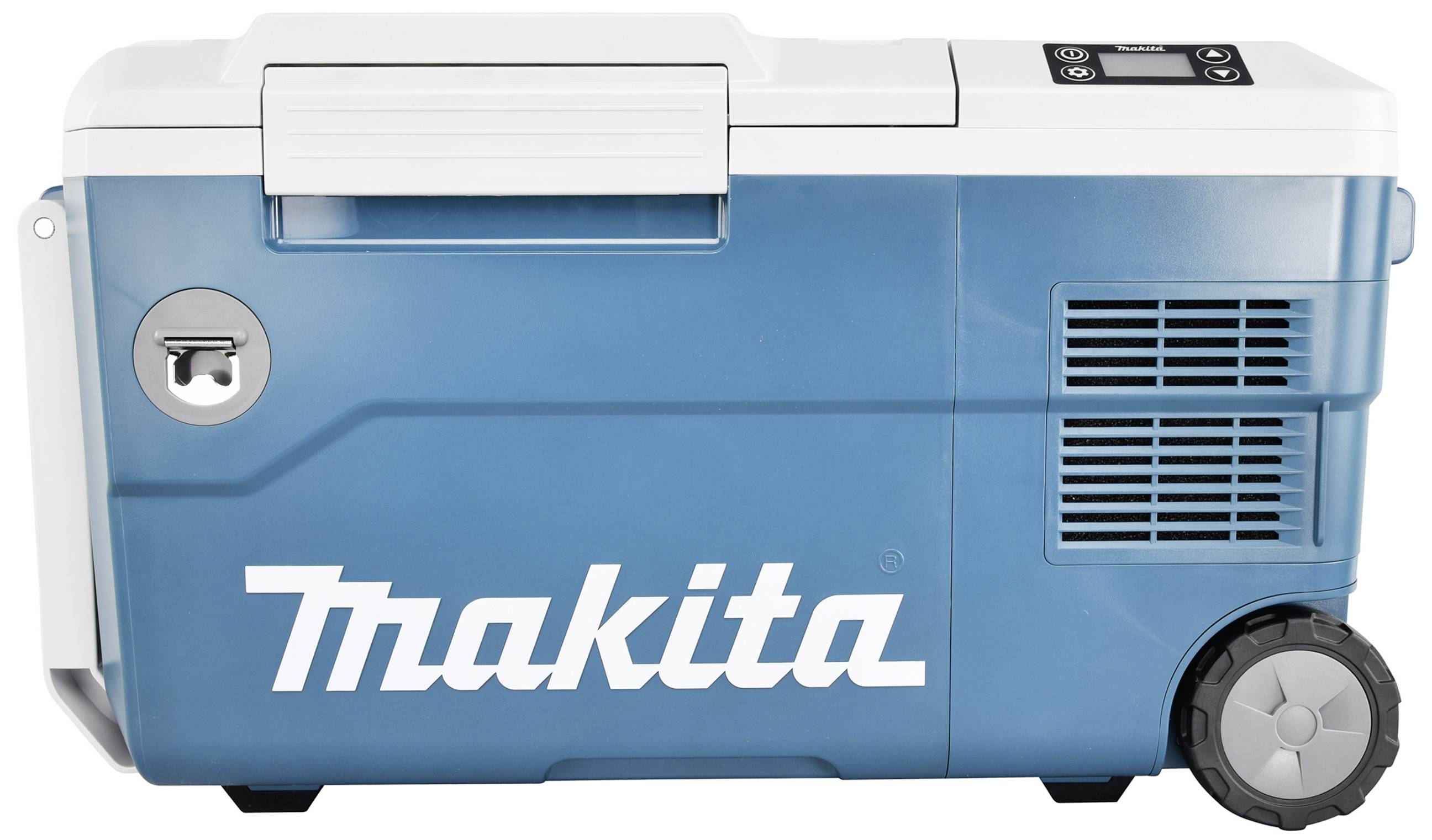 En blå Makita-kylbox, sedd från sidan. Den har hjul och ett handtag ovanpå, perfekt för mobilt bruk.