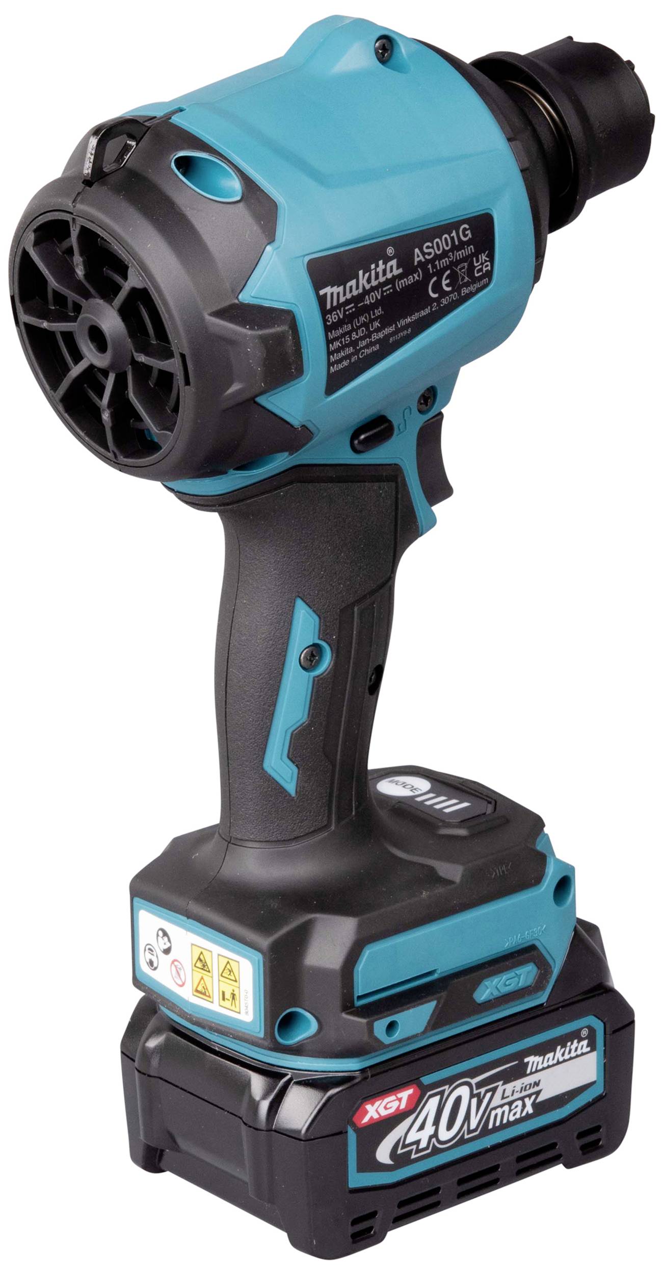 Sladdlöst, blått elverktyg från Makita med 40V batteri, lämpligt för hantverksarbeten.