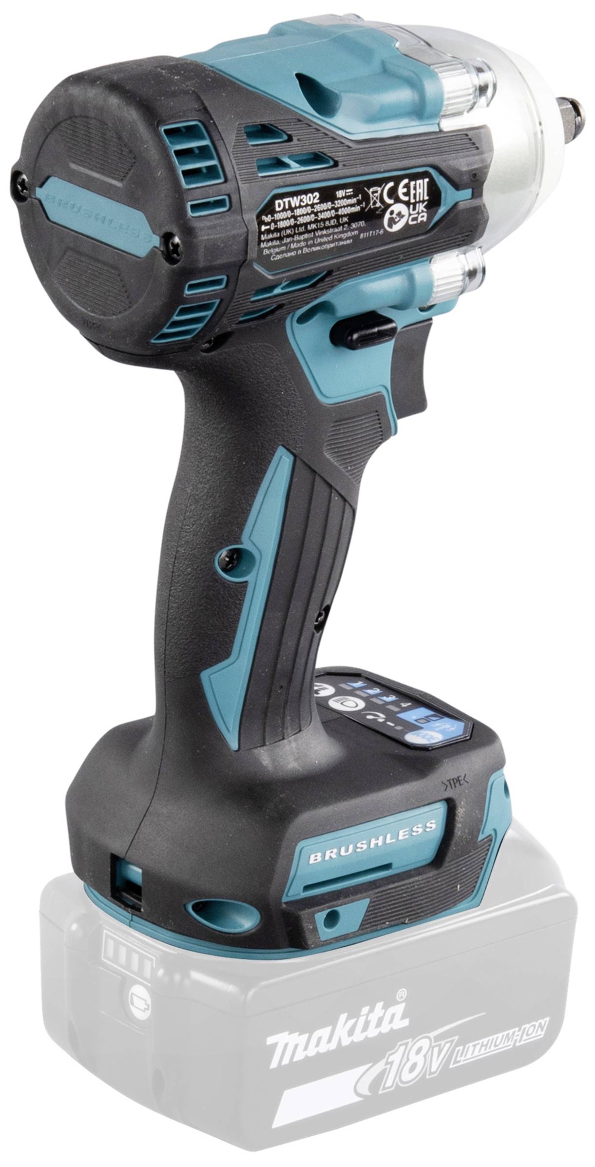 En sladdlös slagskruvdragare med grå batteri och blå detaljer.