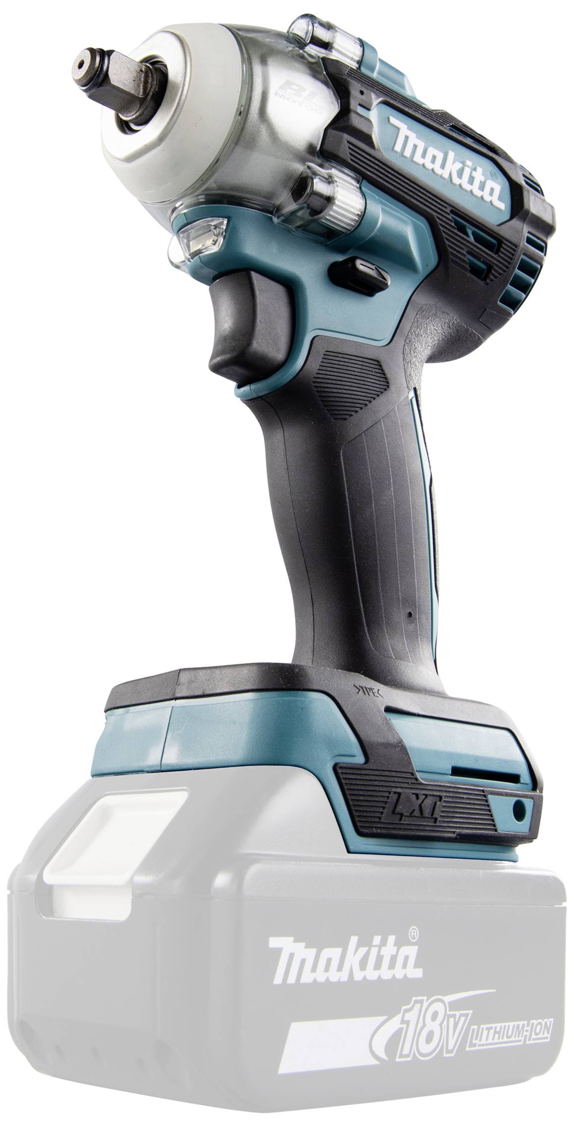 Sladdlös slagskruvdragare i närbild. Varumärket är synligt på enheten. Lämplig för byggnadsarbeten eller hemmafixarprojekt.