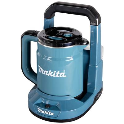 En blå sladdlös vattenkokare från märket Makita, med ett stort handtag och en lock-knapp, står på en vit yta.