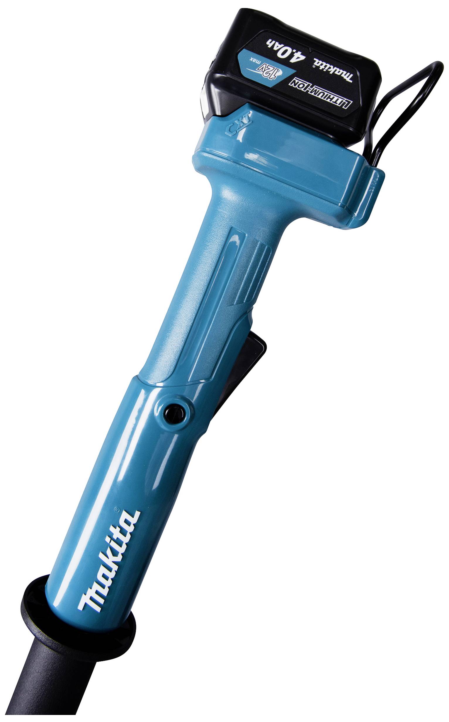 En blå Makita-sladdlös dammsugare med svart batterienhet, hållen av en användare.