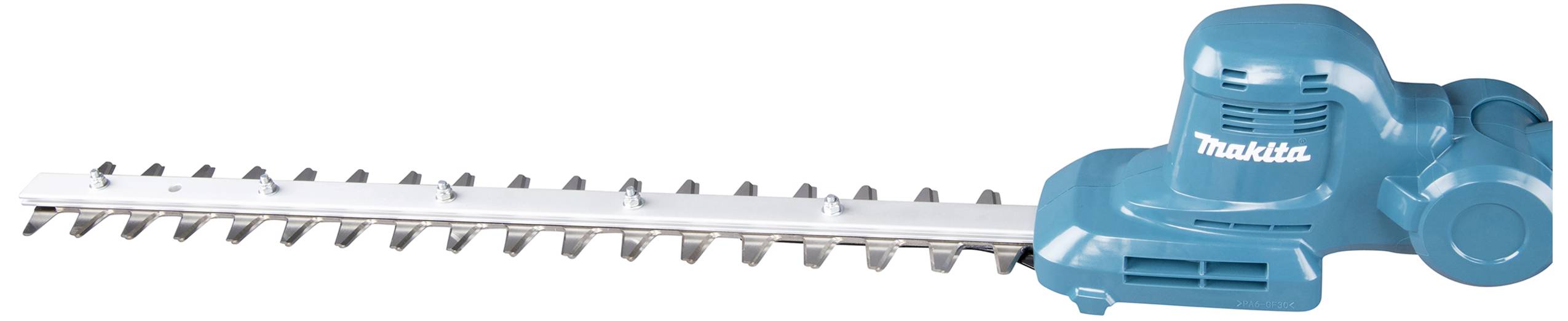 Elektrisk häcksax med blått hölje och silverfärgat blad, varumärket synligt.