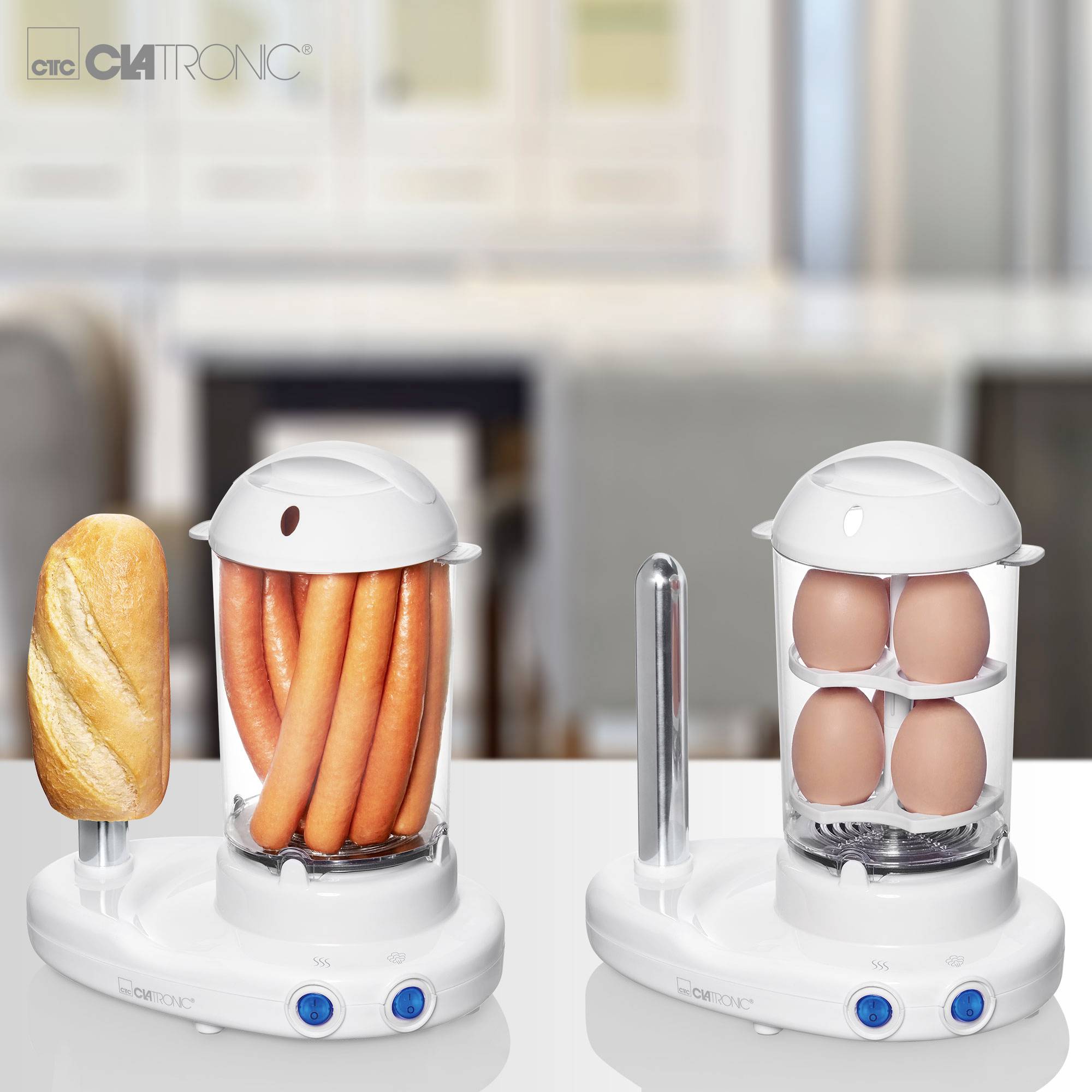 'Clatronic' äggkokare med plats för fem ägg och en extra korvhållare, avbildad i ett modernt kök.