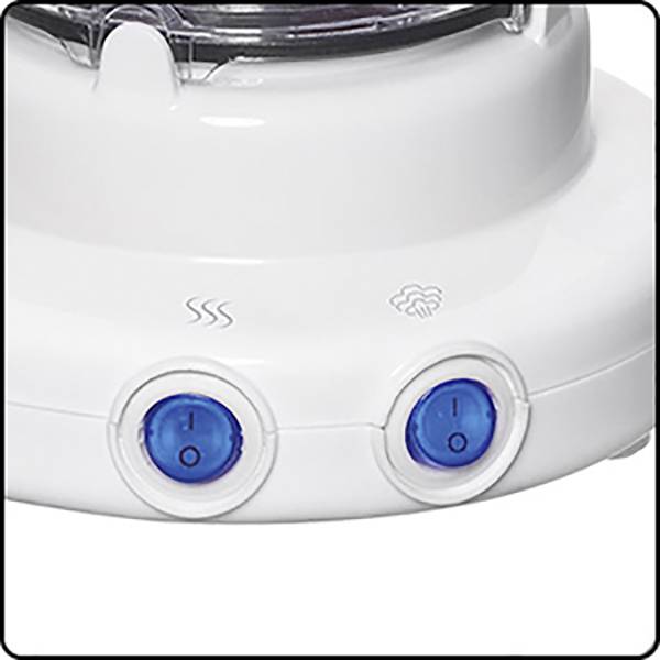 En vit apparat med två blå knappar, där varje knapp har en symbol för värme respektive ventilation.