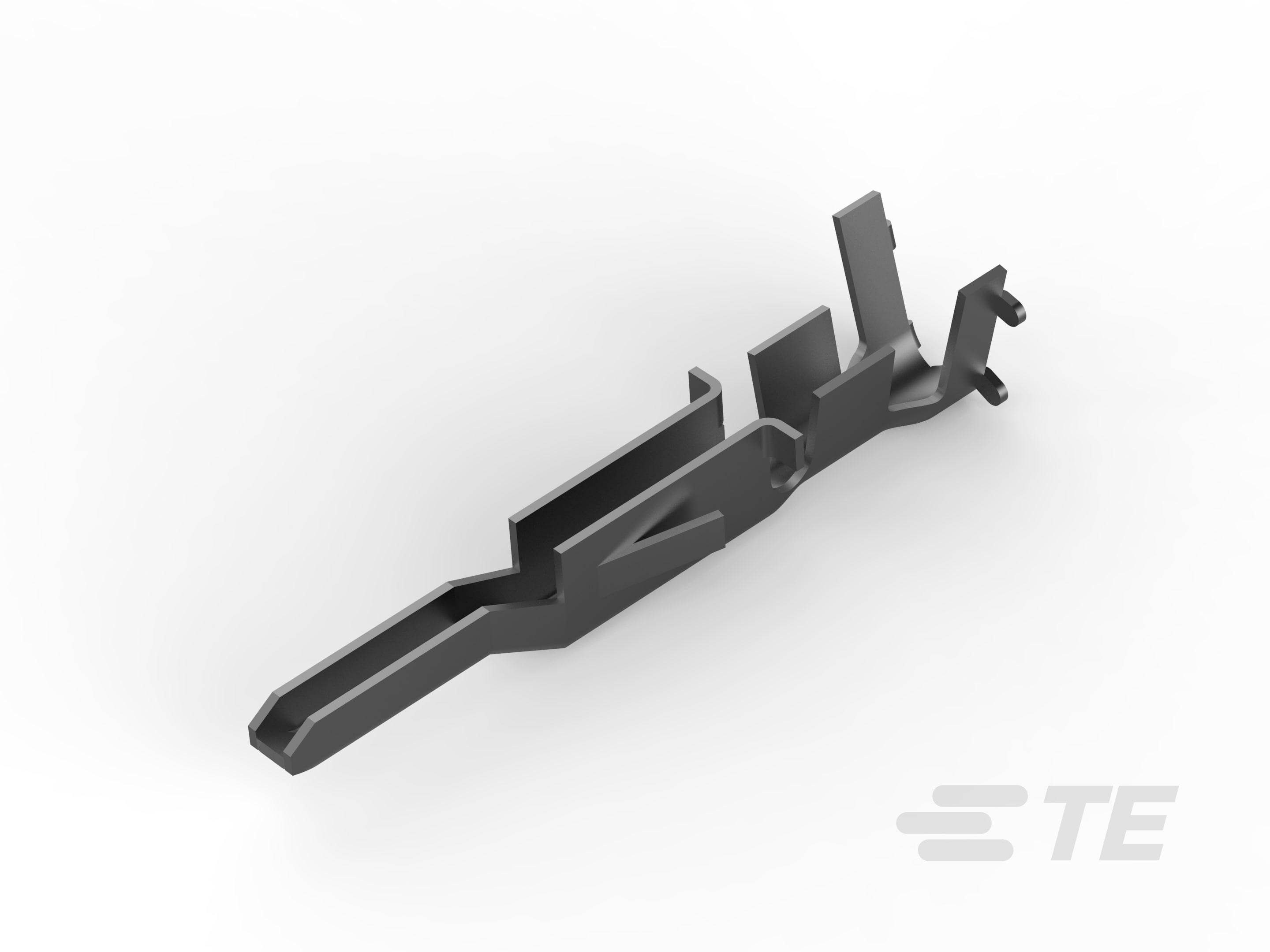 Metallisk kontakt, mörkgrå, med komplext design, presenterad i perspektiv.