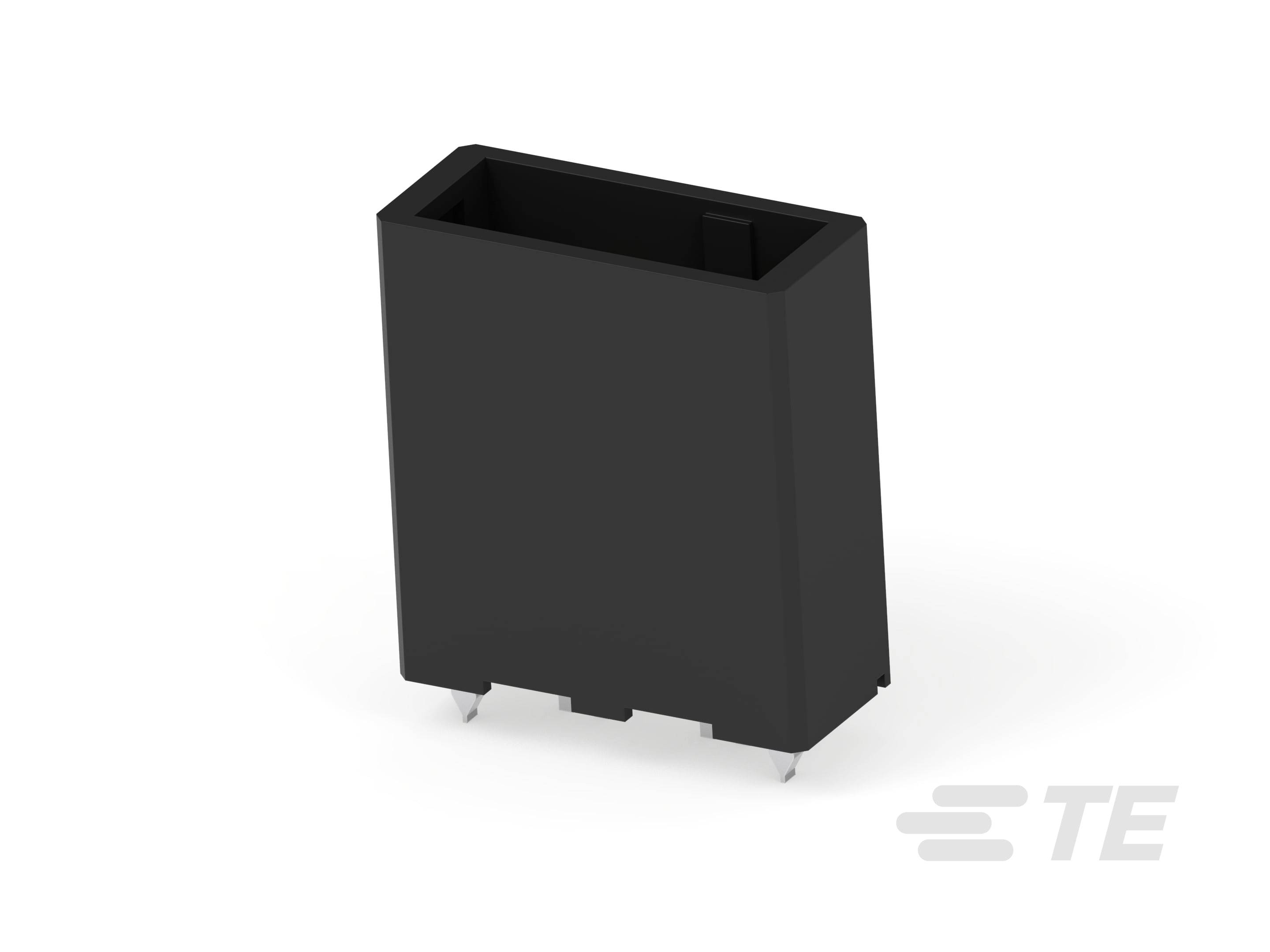 En svart, rektangulär elektronisk komponent med fyra kontaktpinnar på undersidan. Den bär logotypen 'TE'.
