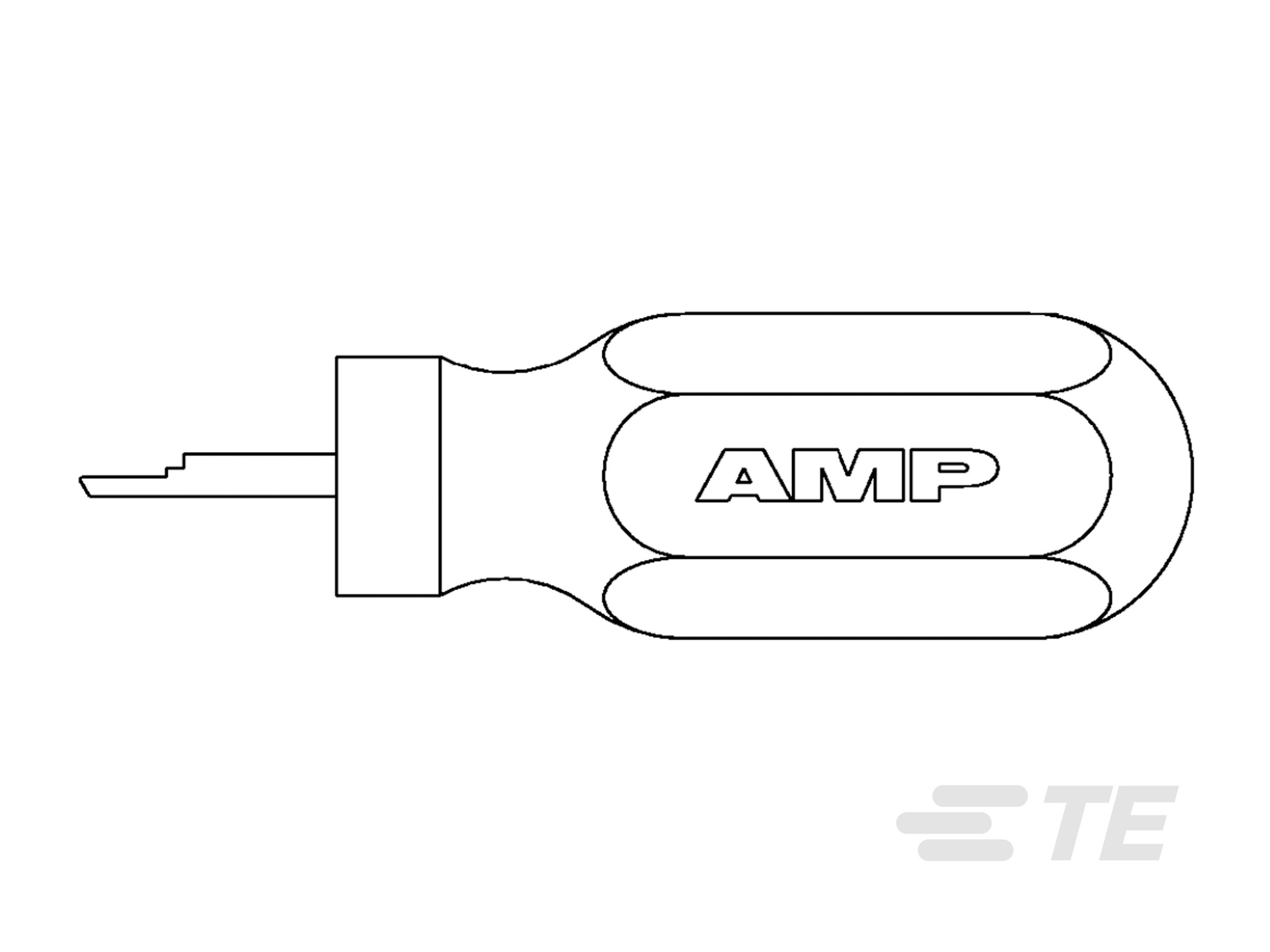 Schematisk illustration av ett verktyg med trycket AMP, sannolikt ett låsningsverktyg eller liknande.
