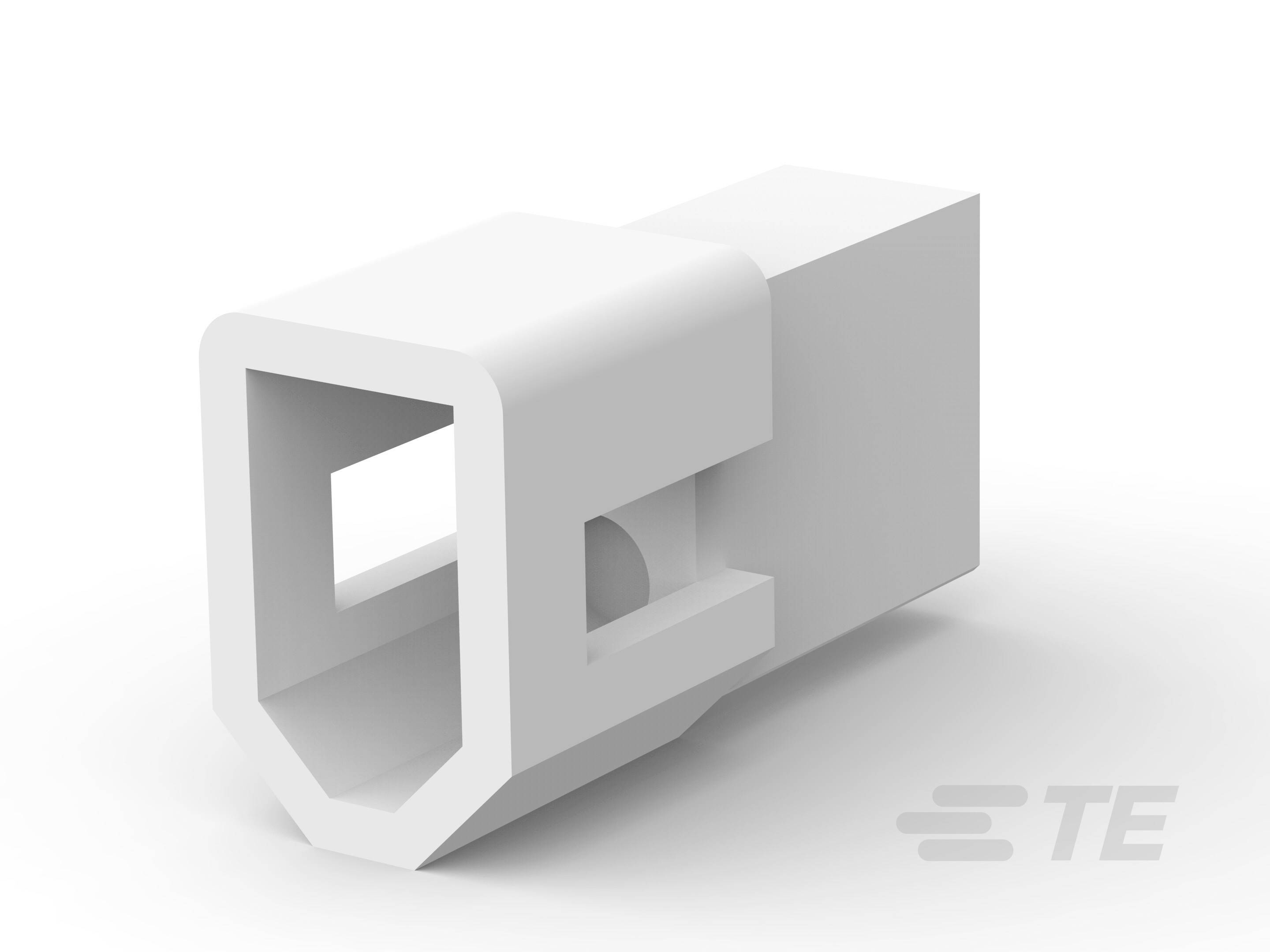 En vit plastplugg med rektangulär form, avbildad med TE-företagets logotyp i det nedre högra hörnet.