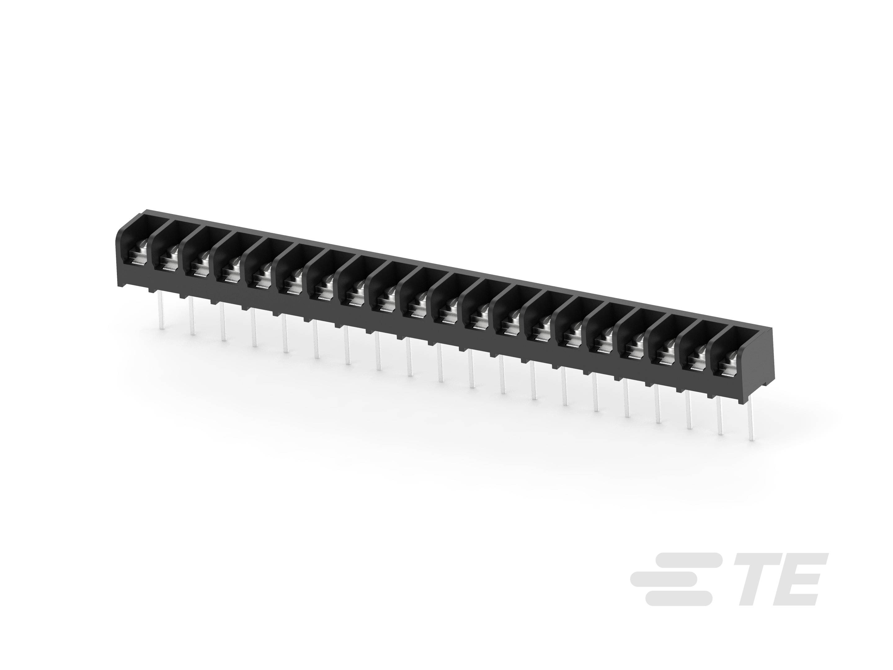 En svart kontakt med 20 stift på en rad. Design av TE Connectivity.