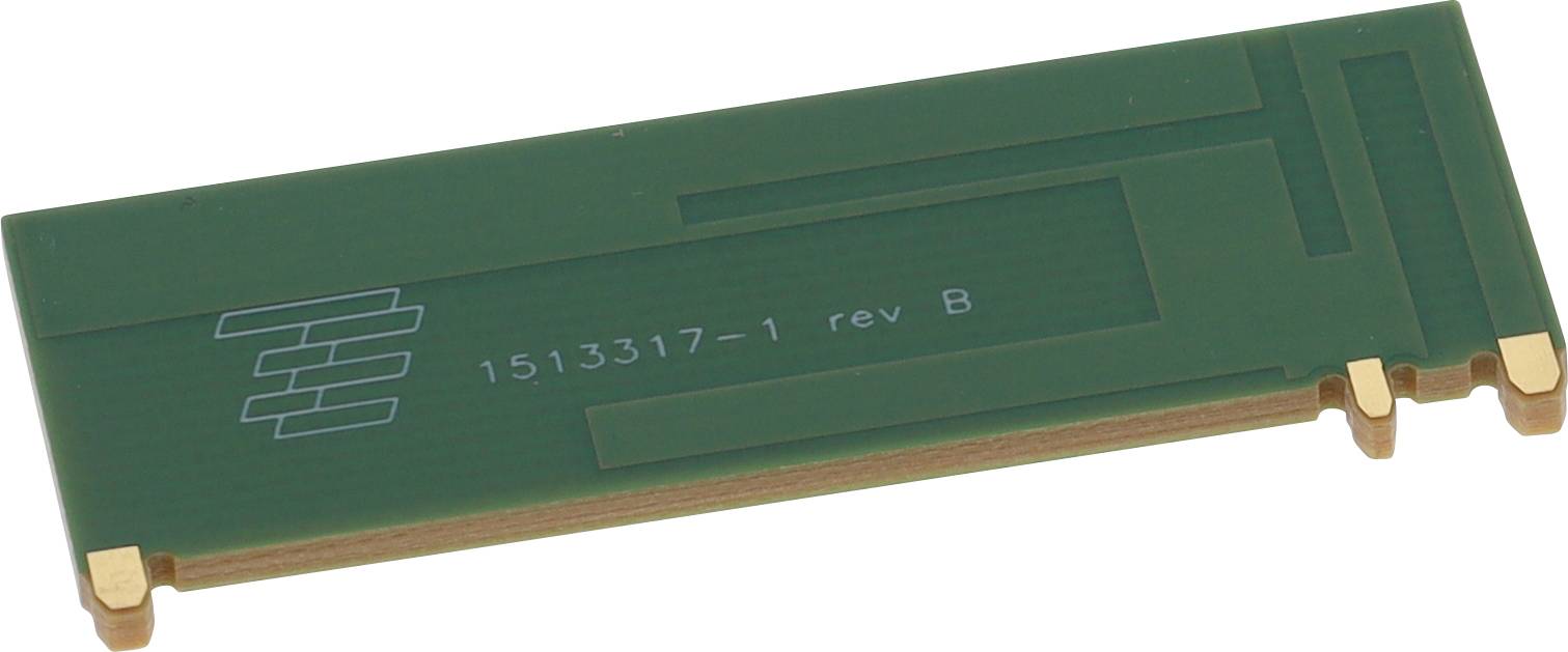 Ett grönt kretskort med guldanslutningar och vit text '1513317-1 rev B' och en logotyp på framsidan.