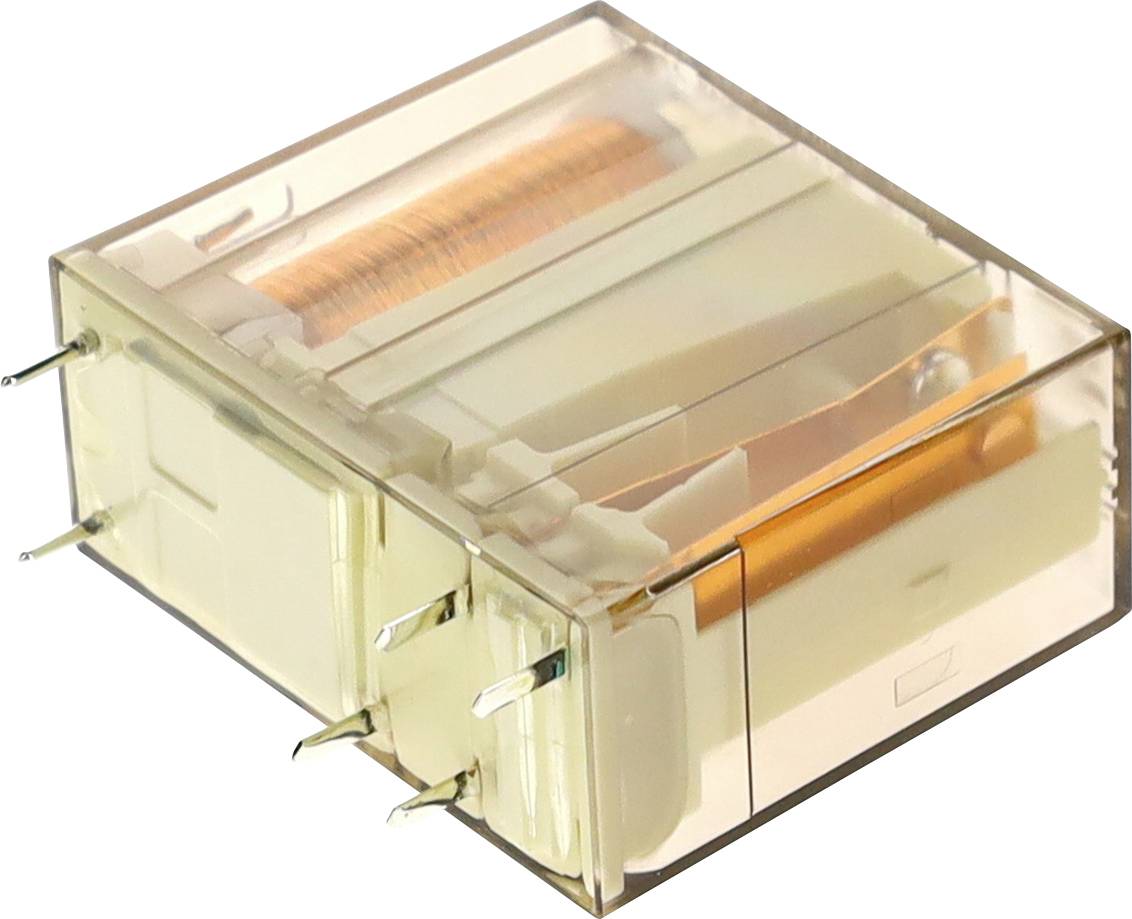 En transparent elektrisk reläenhet med synliga kopparspolar och metallstift, avsedd för kretsreglering, betraktad från en vinkel.