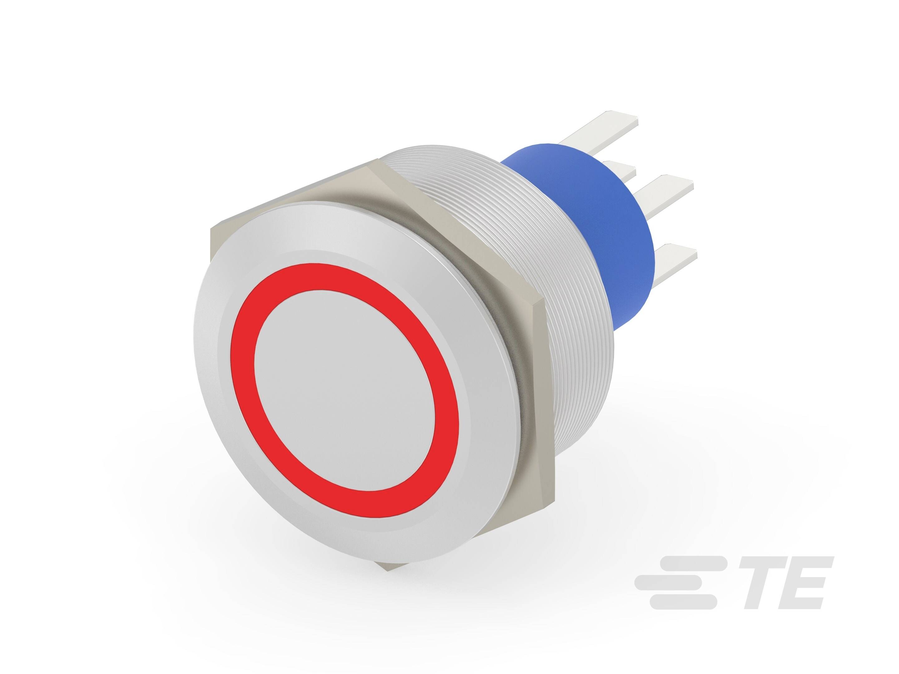 En silverfärgad rundtrycknapp med röd ring och blå baksida, lämplig för elektroniska tillämpningar, på vit bakgrund.