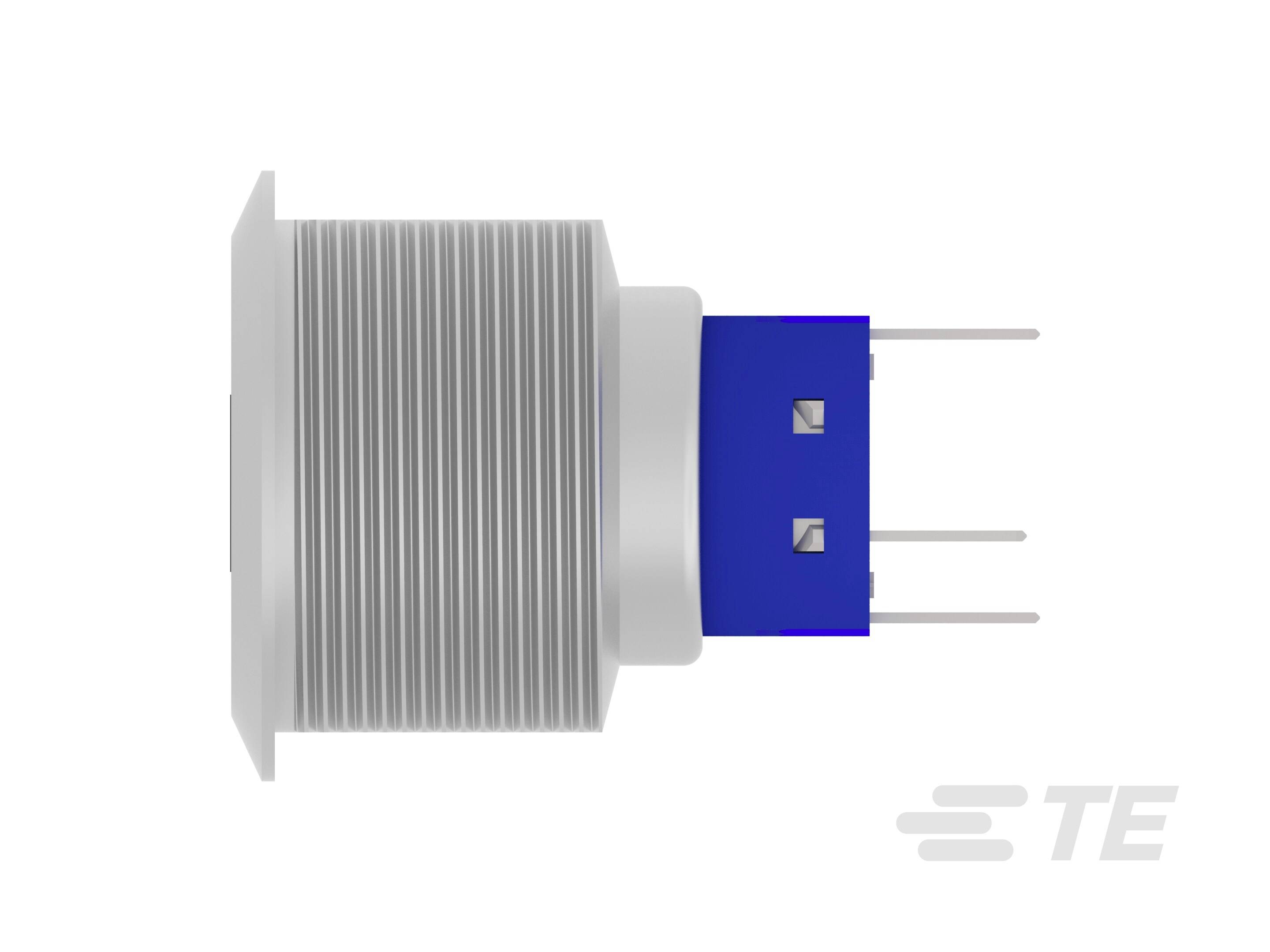 En rektangulär elektrisk kontakt med blå bas och flera metallstift monterade på sidan.