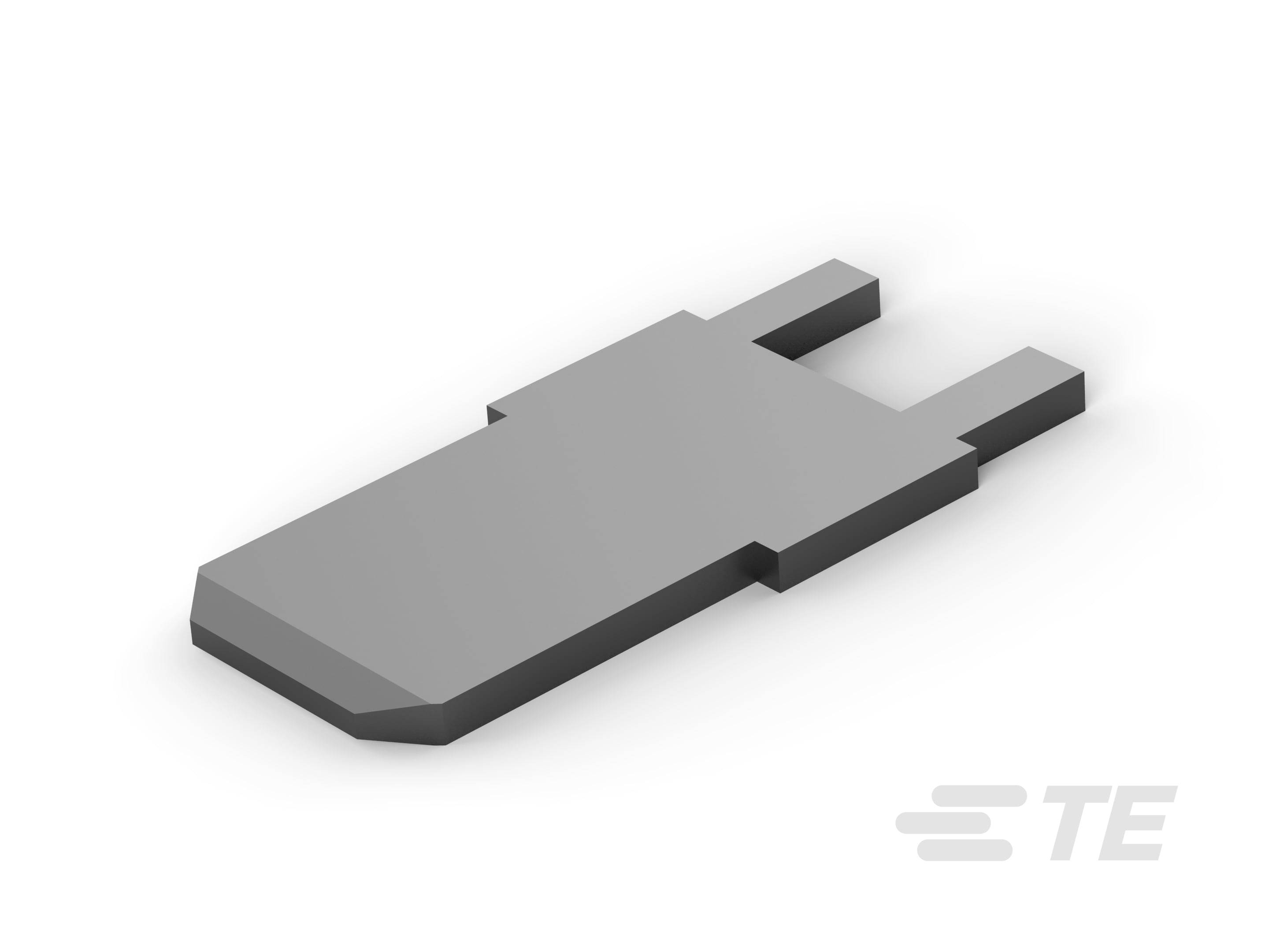 En rektangulär, grå metallkontakt med två parallella, förlängda ändar, på en vit bakgrund.