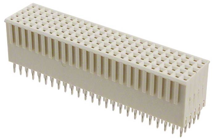 En beige rektangulär elektronisk kontakt med flera stift på två sidor, som används för att ansluta kretsar i hårdvaruapplikationer.